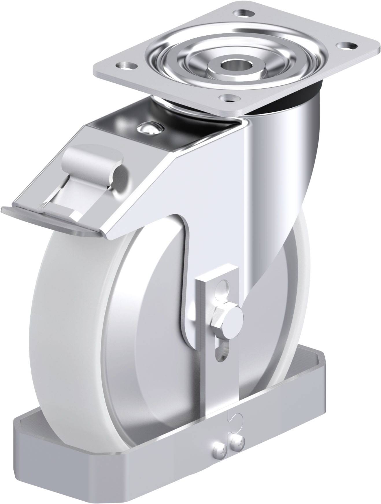 Ein silbernes und weißes feststellbares Schwenkrolle-Rad in Metallhalterung, das typischerweise für Möbel oder Transportkarren verwendet wird.