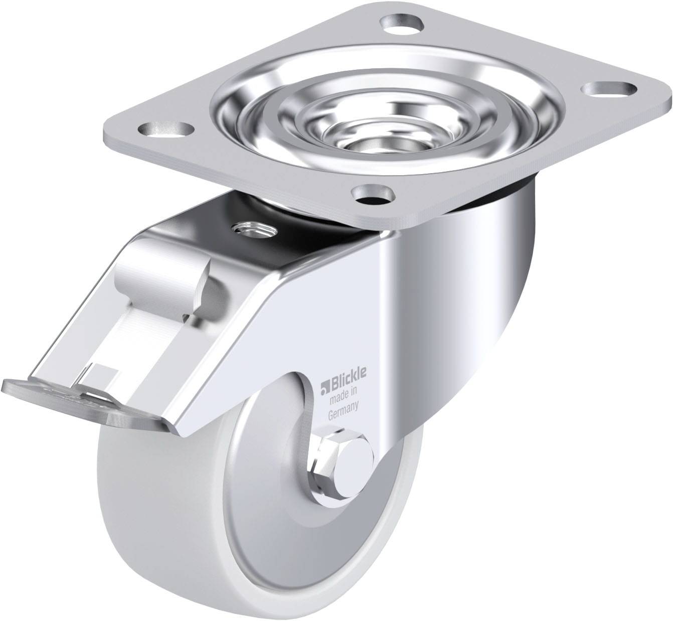 Metallrolle mit Befestigungsplatte und feststellbarer Bremse, geeignet für Möbel oder Transportwagen, glänzendes Metall.