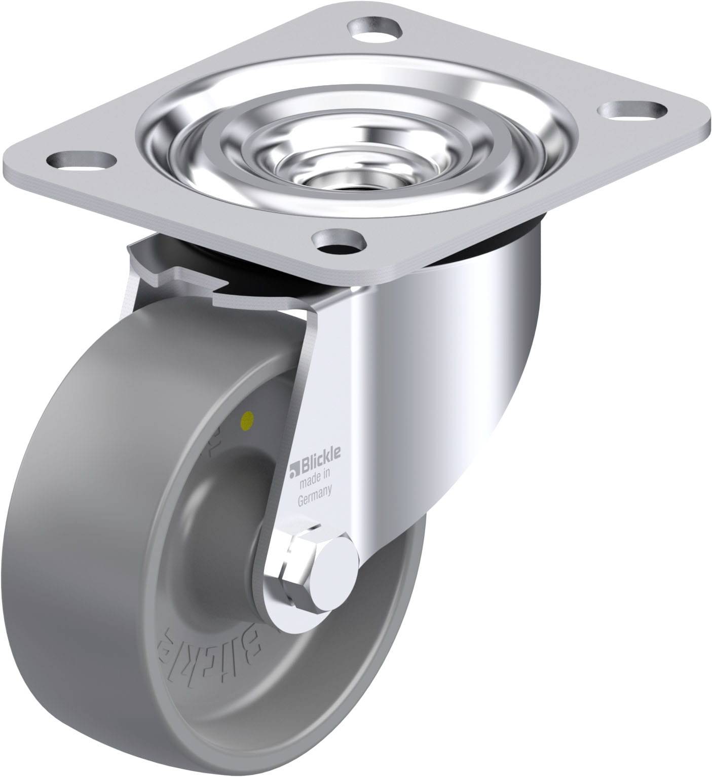 Ein silbernes Rollstuhlrad mit grauem Reifen und drehbarer Metallhalterung, geeignet für den Einsatz in Möbeln oder Geräten.