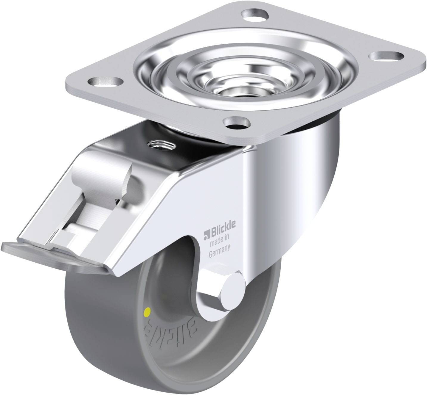 Metalllenkrolle mit Bremse, bestehend aus einer grauen, gummierten Rolle und einem glänzenden Metallgehäuse.