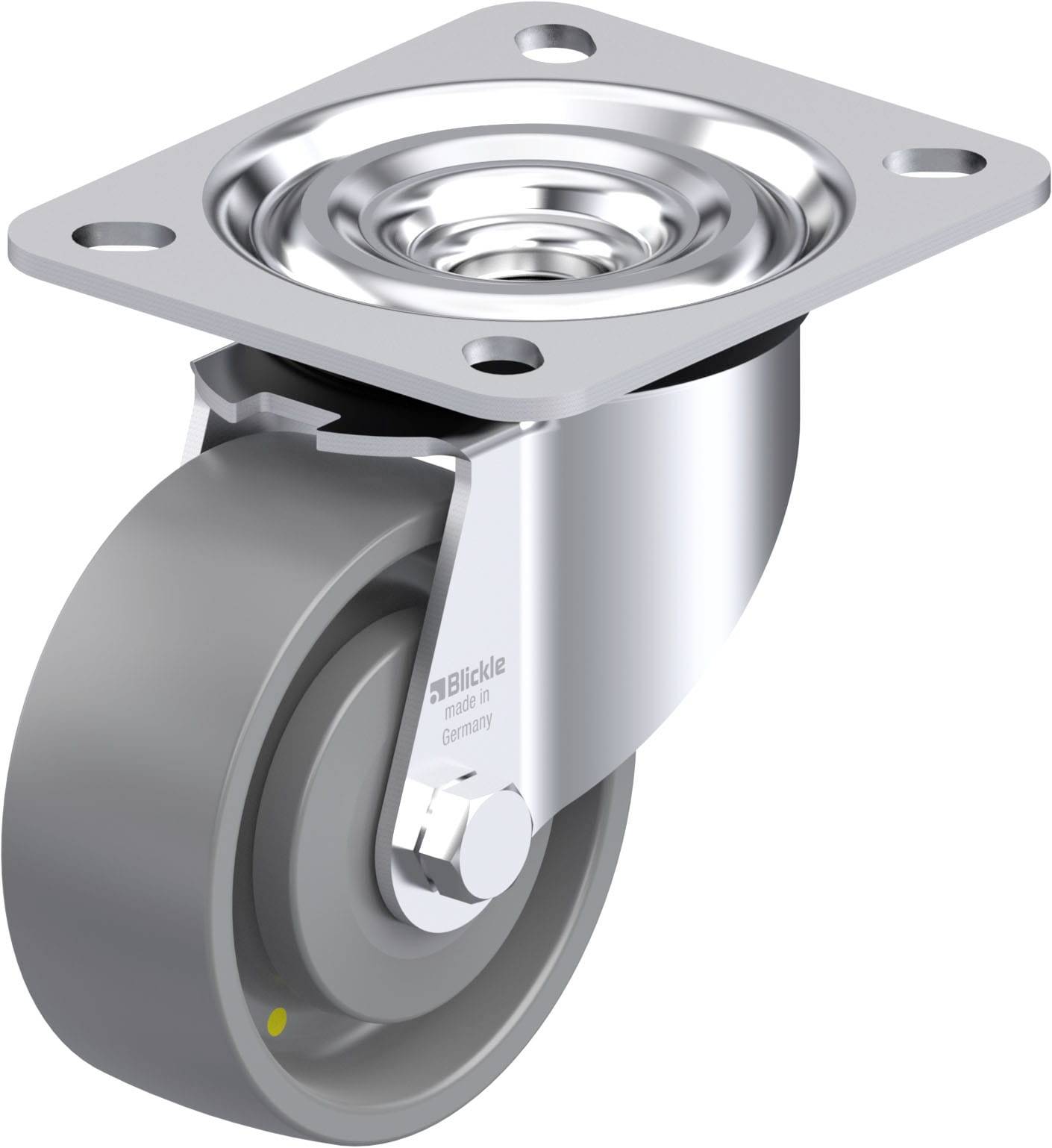 Lenkrolle aus Metall mit grauem Rad und quadratischer Befestigungsplatte, gefertigt von einem deutschen Hersteller.