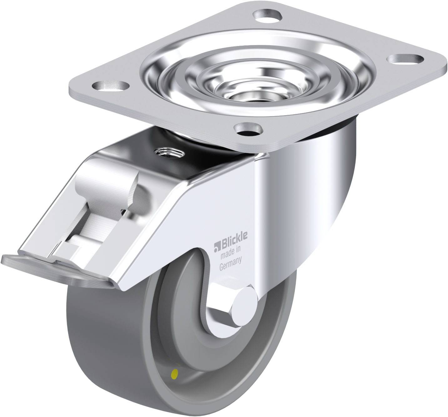 Ein drehbares Laufrollenrad aus Metall mit einer grauen Gummibeschichtung, montiert auf einer quadratischen Platte mit vier Bohrlöchern.