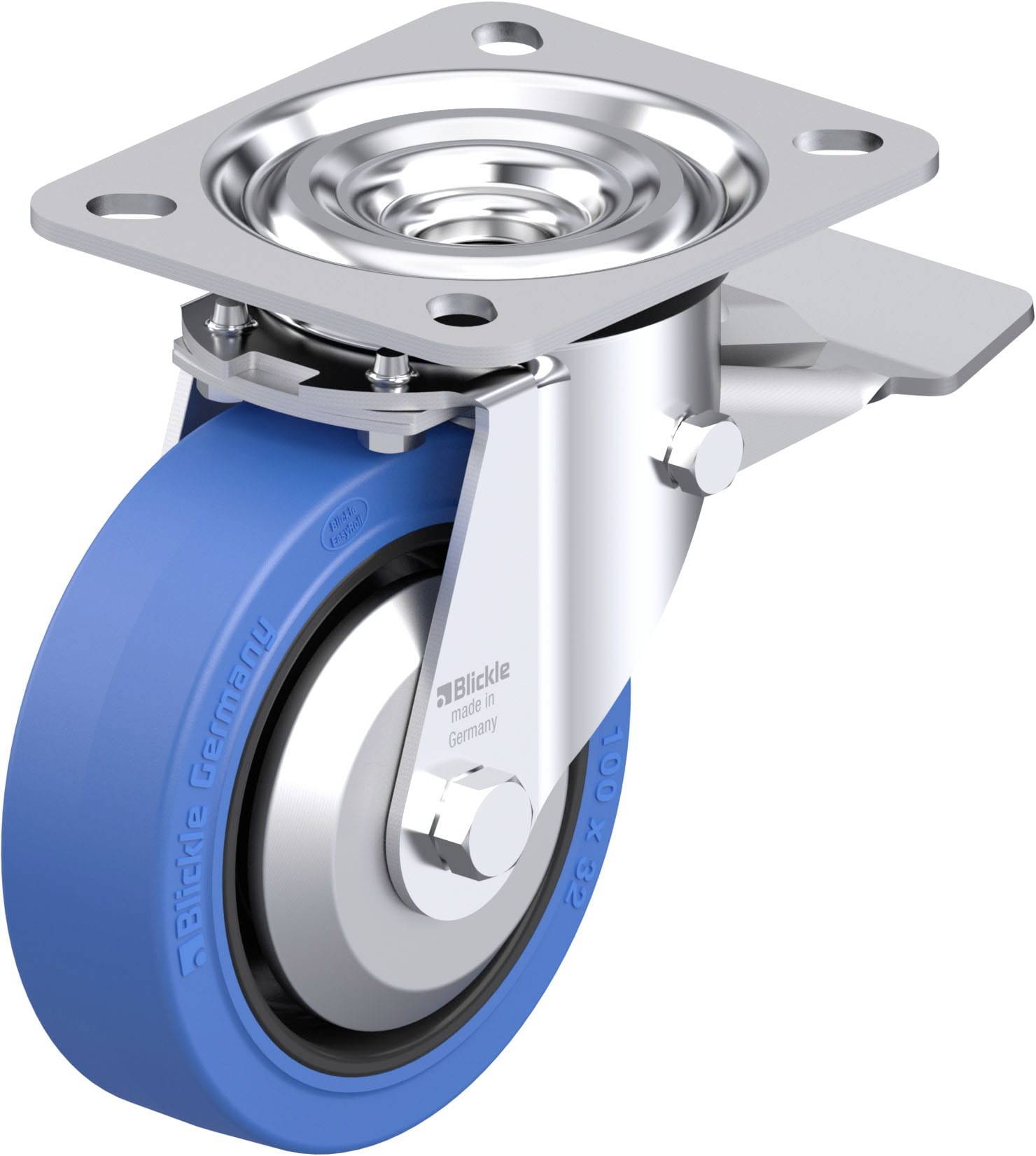 Blickle-Lenkrolle aus Metall mit blauem Gummirad und Befestigungsplatte, geeignet für den Einsatz an Möbeln oder Transportwagen.
