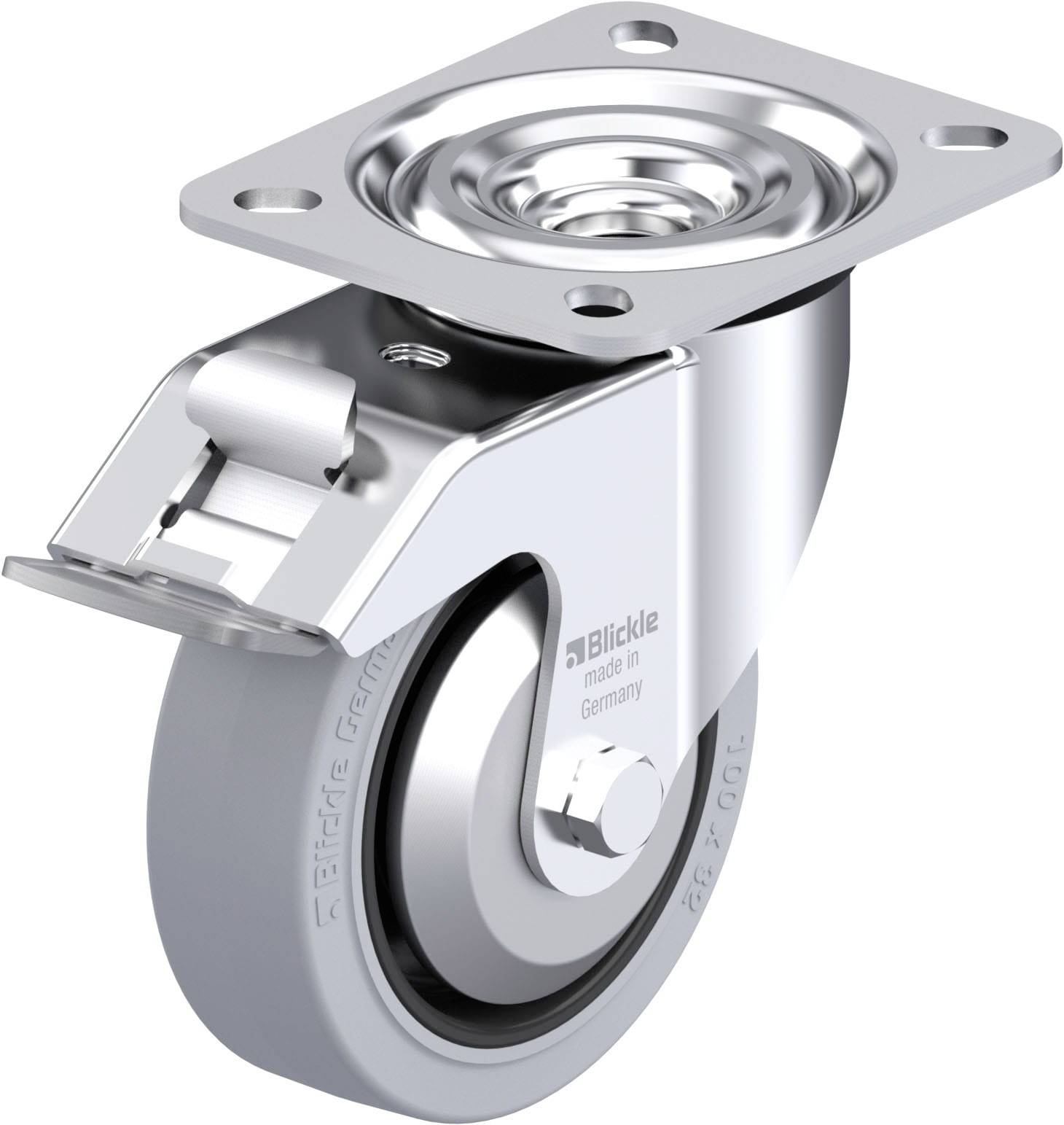 Ein schwenkbares Rollenrad aus Metall mit grauem Gummirad. Ideal für Möbel oder Transportgeräte, kennzeichnet sich durch Stabilität.