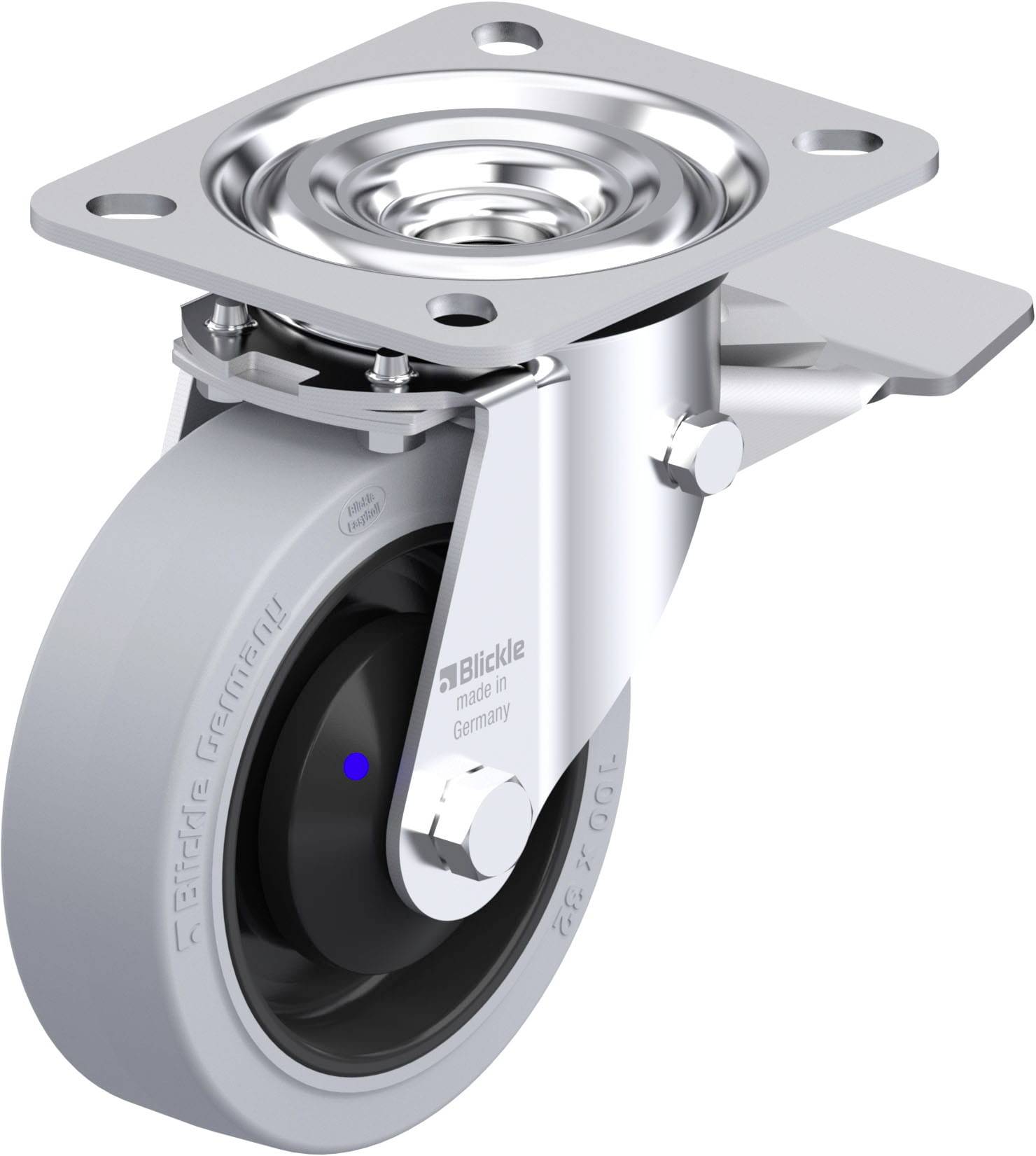 Eine graue Lenkrolle mit Befestigungsplatte. Die Rolle ist aus Kunststoff und der Rahmen aus Metall, geeignet für Möbel oder Industrieanwendungen.