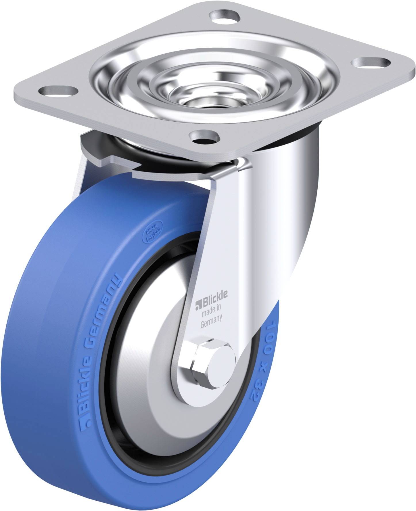 Blaues Lenkrolle mit Metallhalterung und Befestigungsplatte.