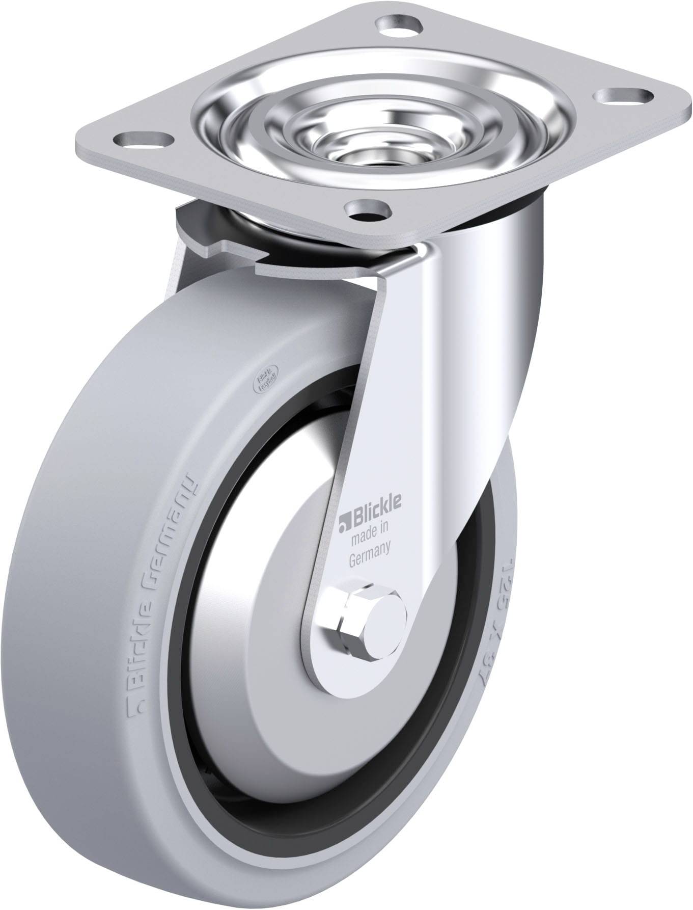 Graues Industrierad mit metallischem Gehäuse und Befestigungsplatte, hergestellt von Blickle in Deutschland.