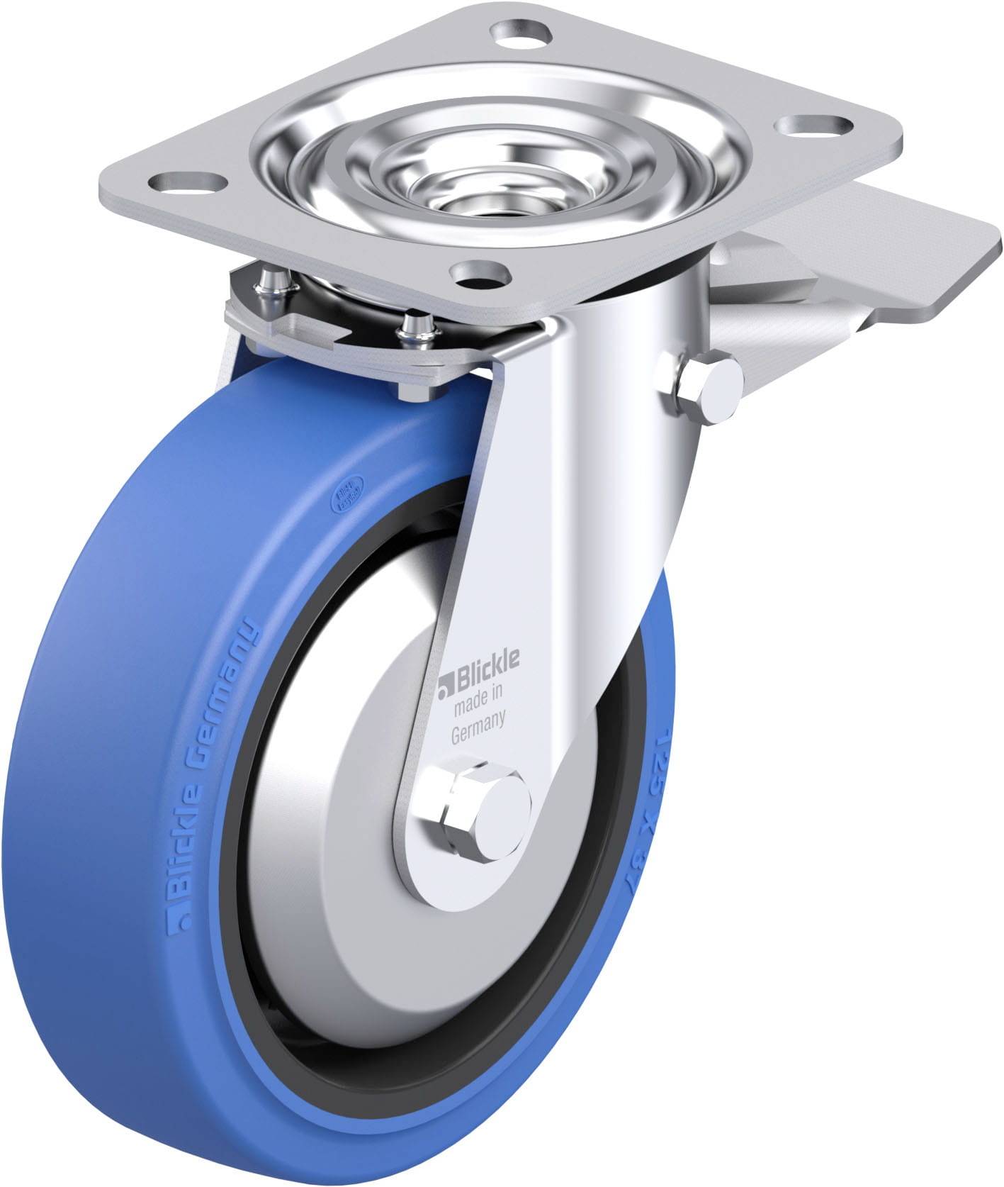 Ein blaues Lenkrollenrad aus Metall für Möbel oder Industriegeräte mit Befestigungsplatte und Bremsmechanismus.