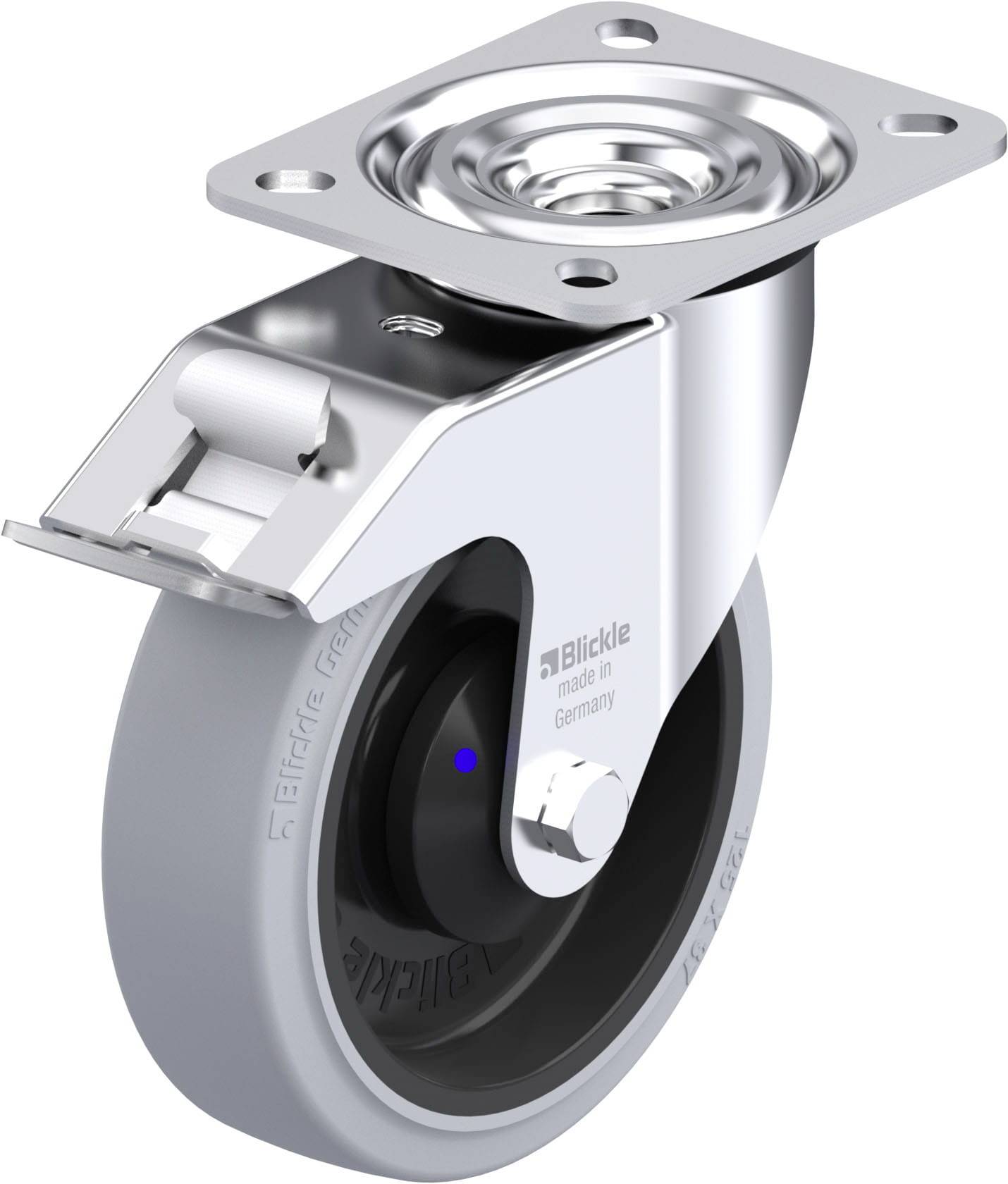 Metallisches Lenkrad mit grauem Gummirad und Befestigungsplatte; geeignet für Möbel oder Geräte, die bewegt werden müssen.