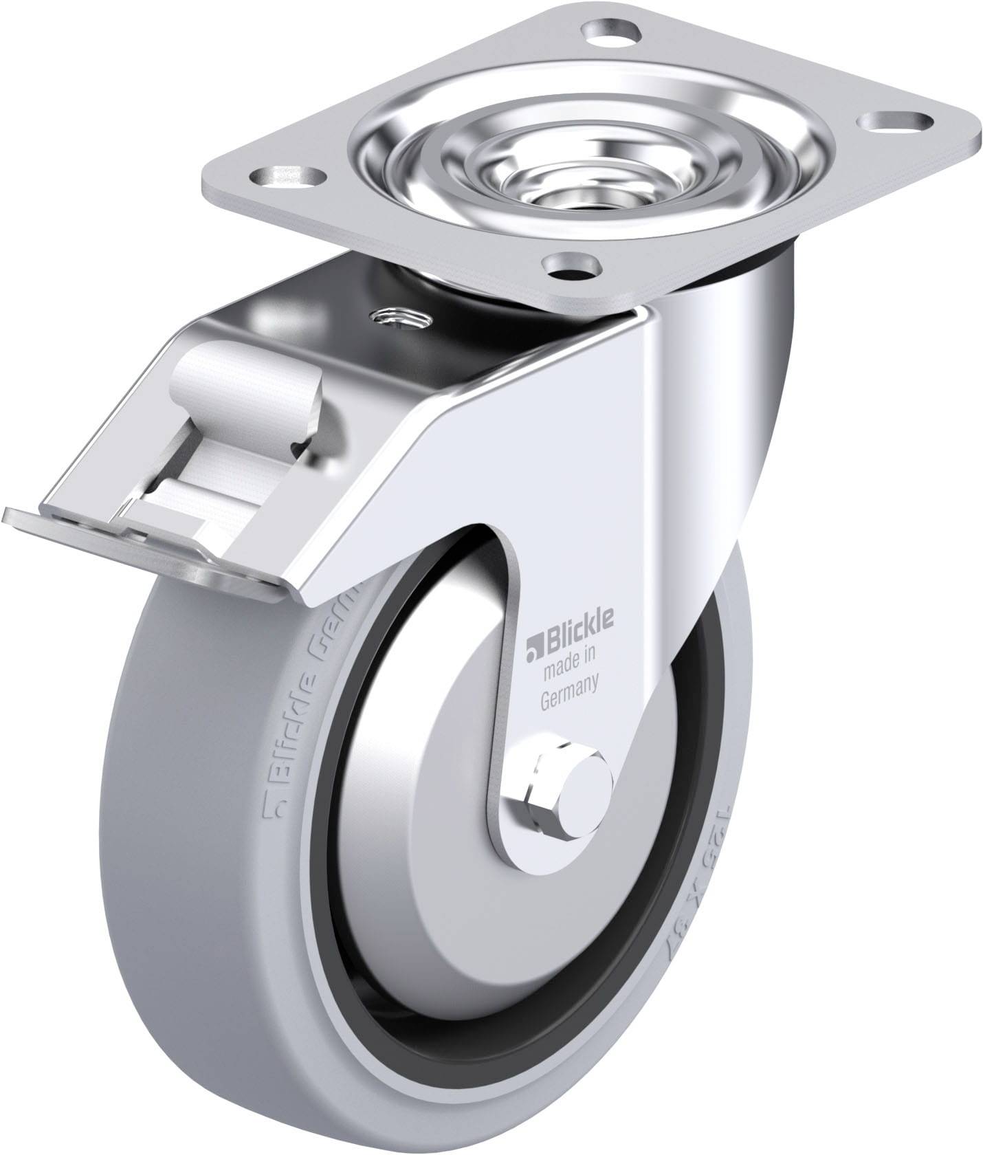 Graue Lenkrolle mit Bremse, Beschriftung 'Blickle, made in Germany'. Metallplatte zur Befestigung. Entworfen für industriellen Gebrauch.
