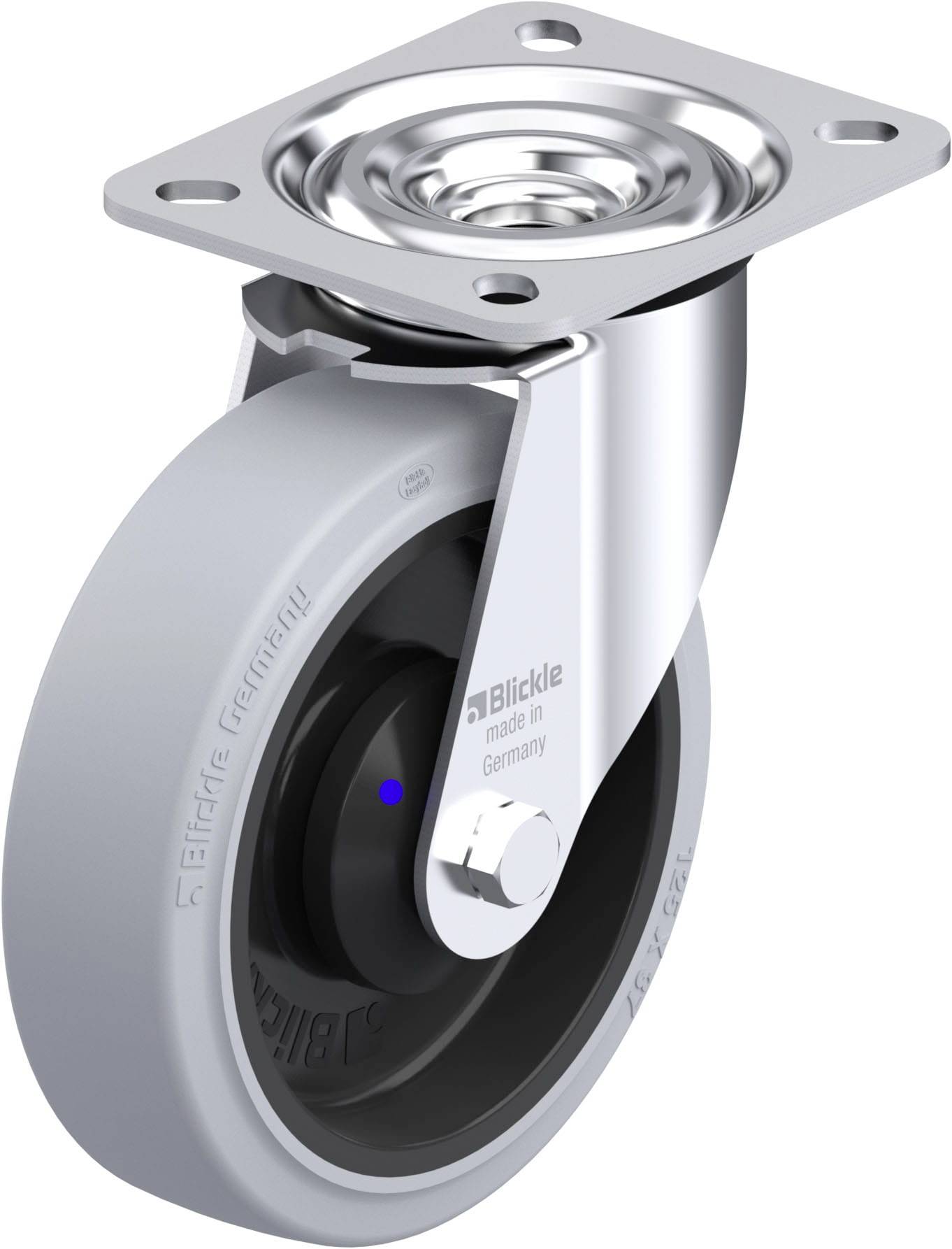 Graue Transportrolle mit Metallhalterung und drehbarem Kugellager, geeignet für industrielle Anwendungen.