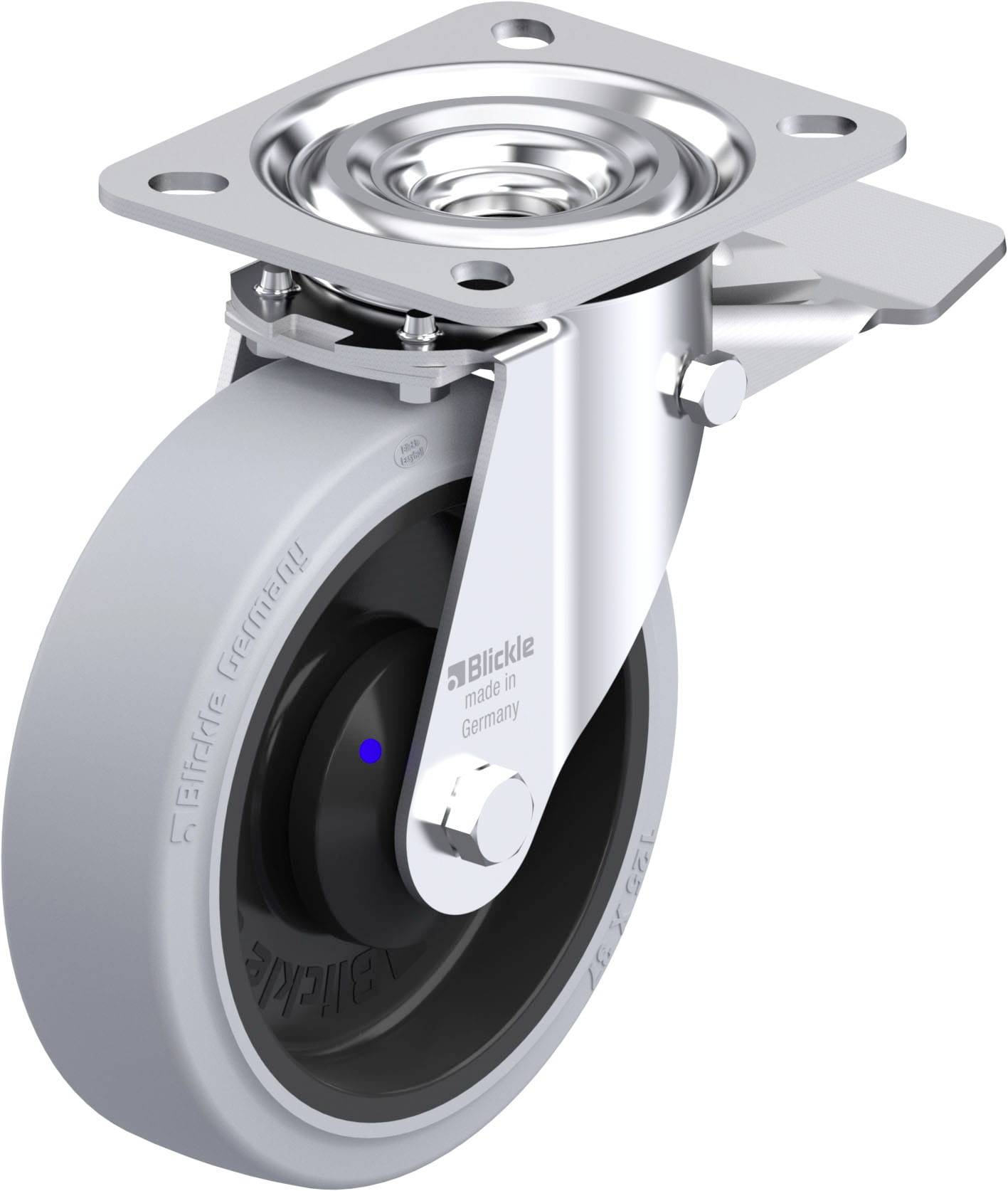 Schwenkrolle aus Metall und Kunststoff mit grauem Rad und Befestigungsplatte für industrielle Anwendungen.