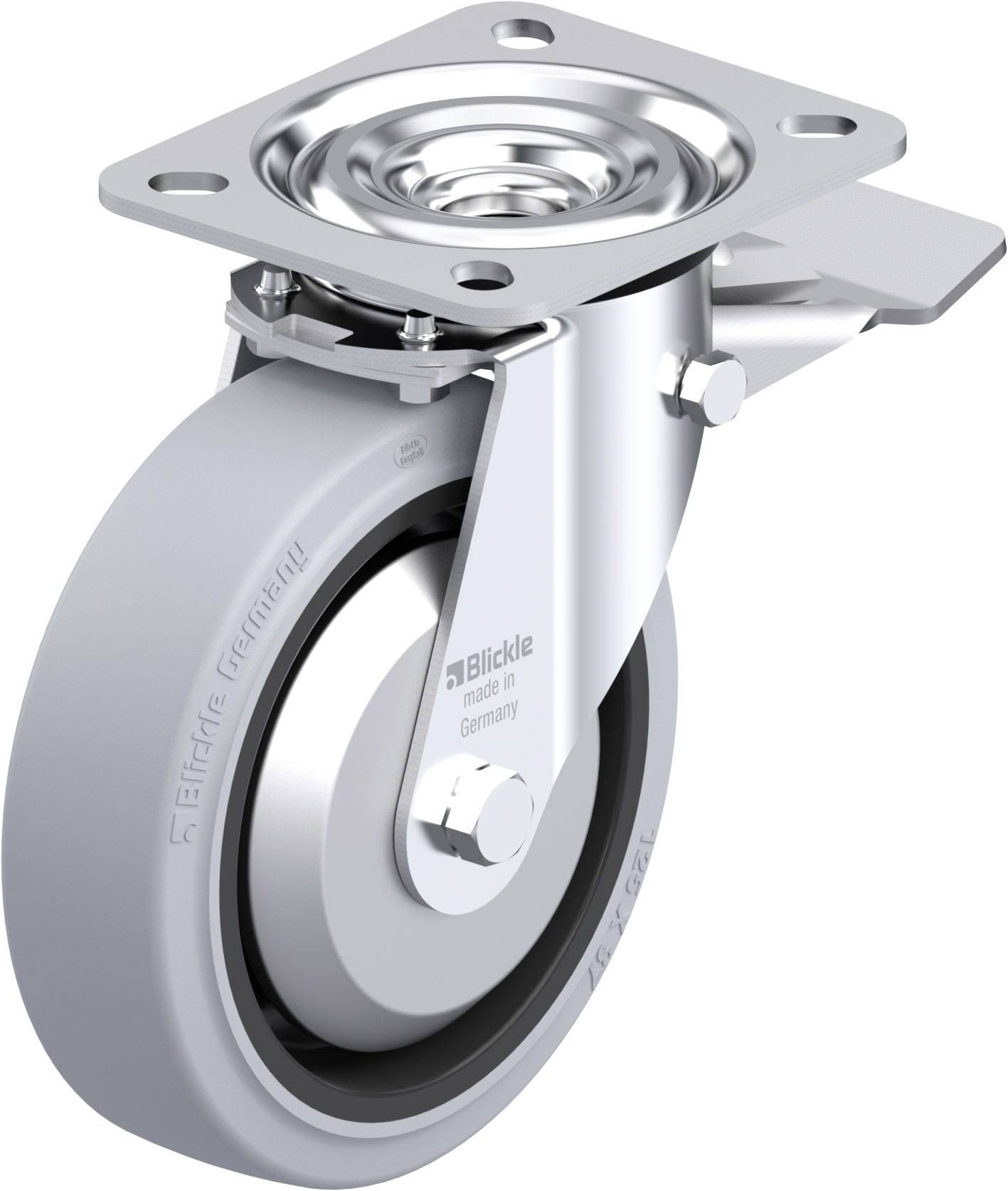 Ein silbernes, schwenkbares Industrierad mit grauem Gummireifen und Stahlplatte, geeignet für schwere Lasten.