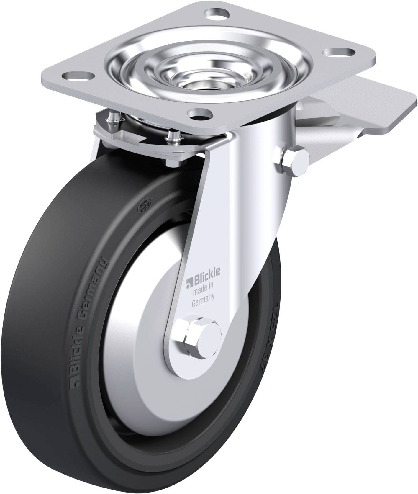 Ein silbernes Lenkrolle mit schwarzem Rad, montiert auf einem Metallträger. Geeignet für Möbel oder Geräte.