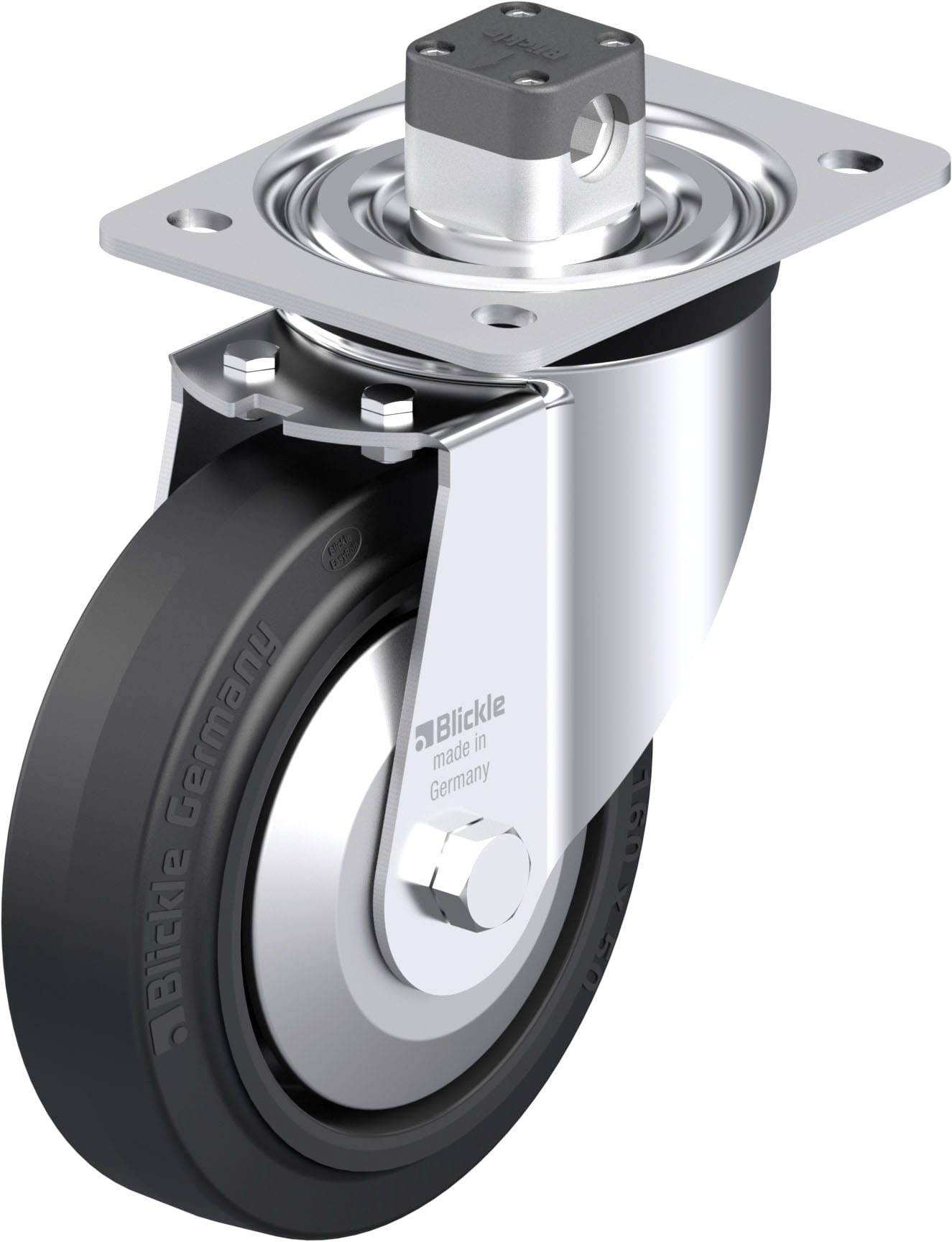 Industrie-Schwenkrolle mit feststellbarer Bremse und schwarzem Gummi. Verchromtes Gehäuse und schwarzer Radkern.