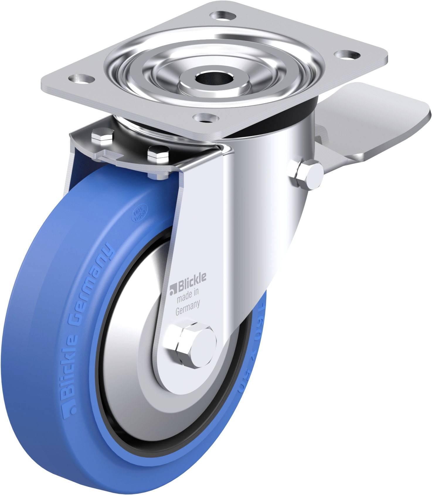 Blaues Industrierad mit Halterung, silbernem Metallgehäuse und Bremse. Geeignet für Lastentransport oder industrielle Anwendungen.