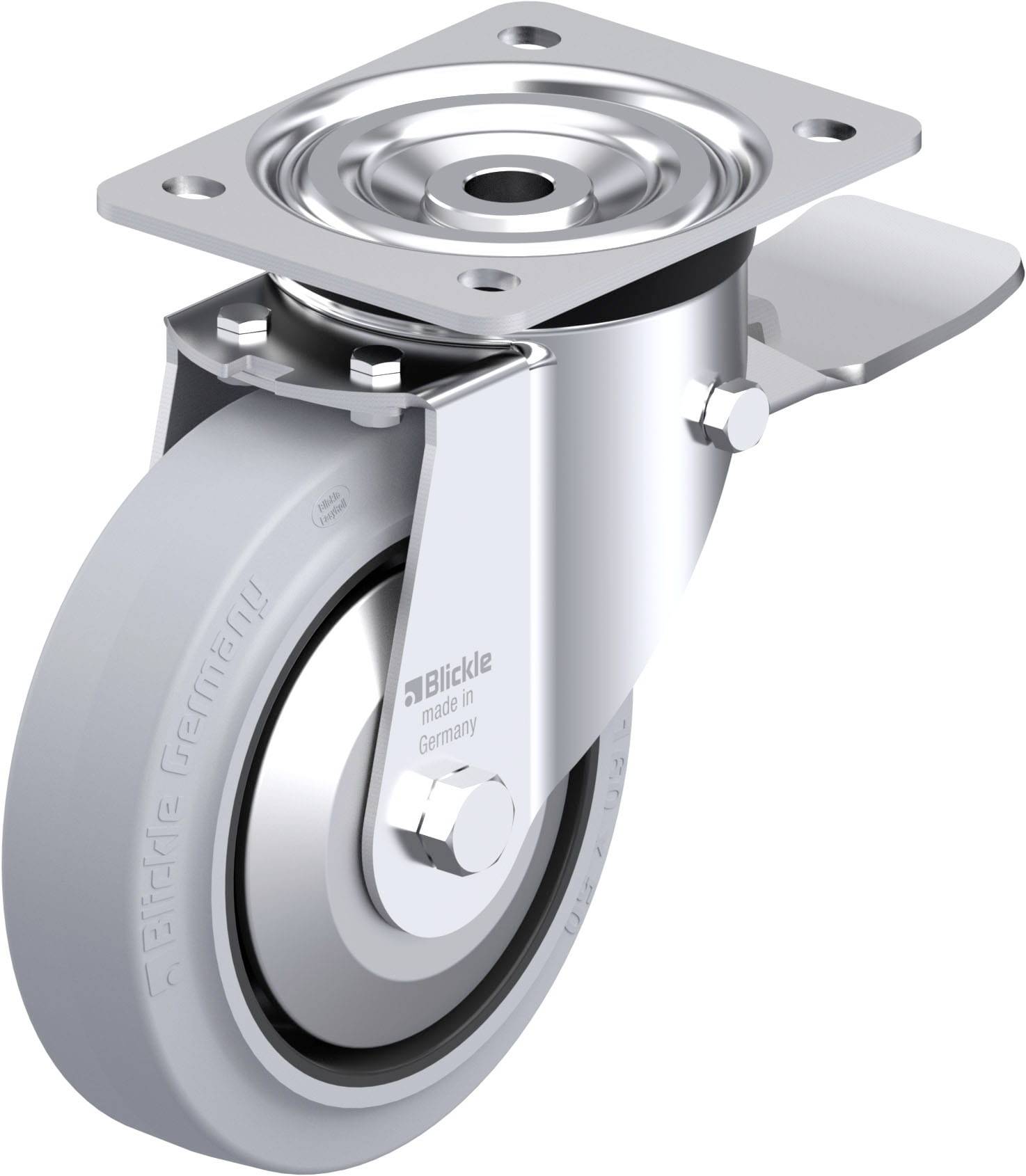 Grauer Lenkrolle mit Metallhalterung und Bremse, geeignet für schwere Lasten mit der Aufschrift 'Blickle Germany' auf dem Gummi.
