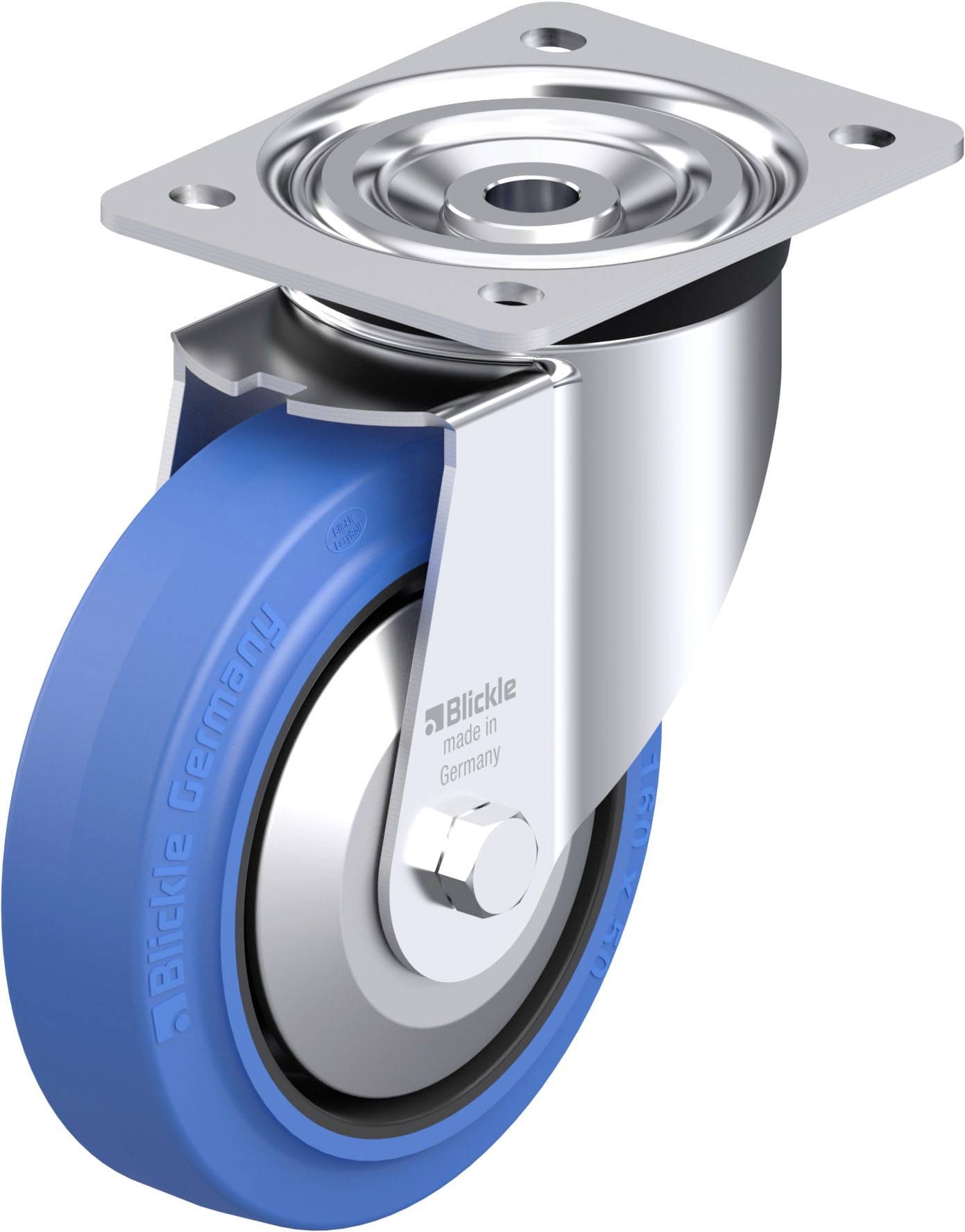 Schwenkrolle mit blauer Gummibereifung und silbernem Metallgehäuse. Aufdruck 'Blickle made in Germany'. Geeignet für Möbel oder Wagen.