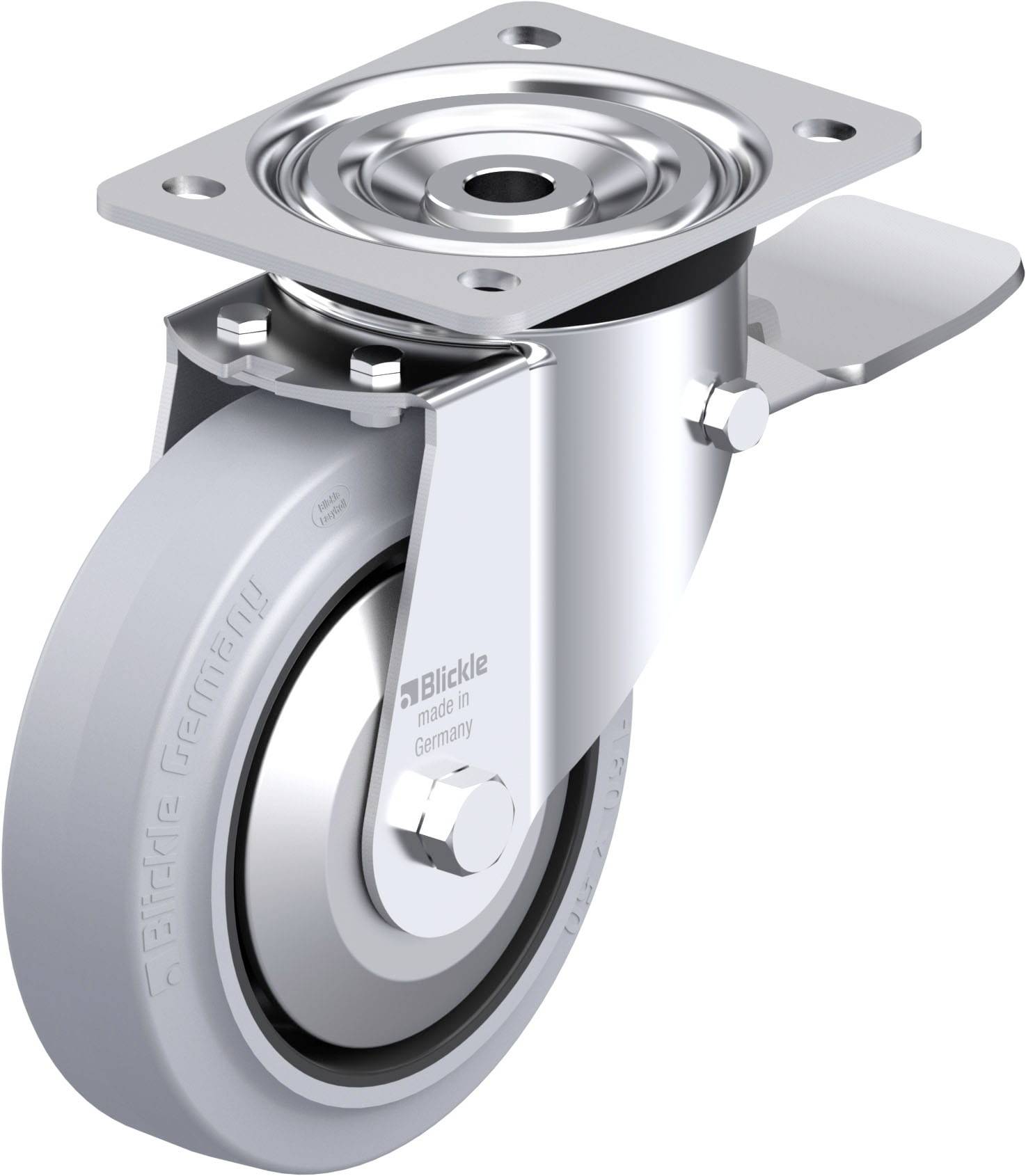 Eine silberne Lenkrolle aus Metall mit grauem Rad und Montagesockel, geeignet für Transportwagen und ähnliche Anwendungen.