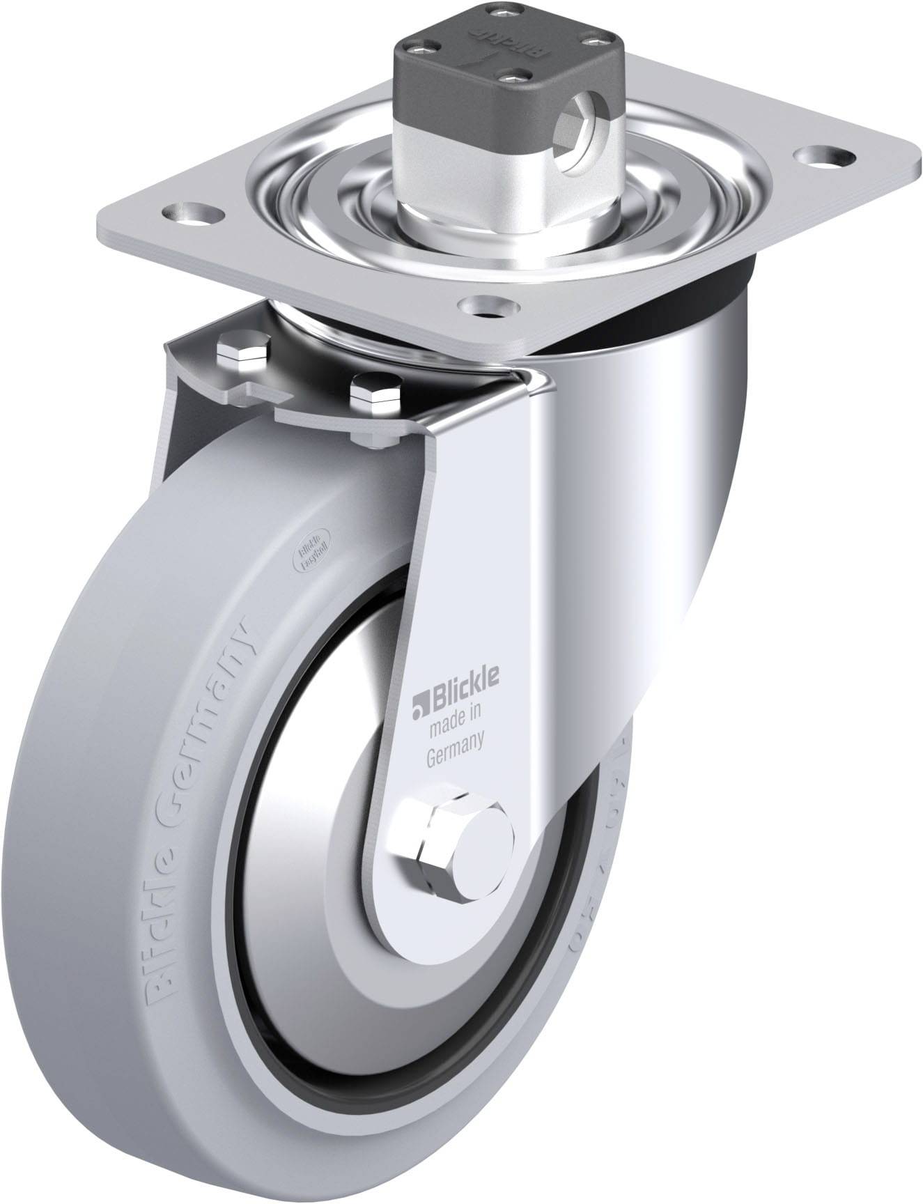 Graues Rad mit Metallhalterung, oben eine rechteckige Befestigungsplatte. Auf der Seite steht 'Blickle, Made in Germany'.