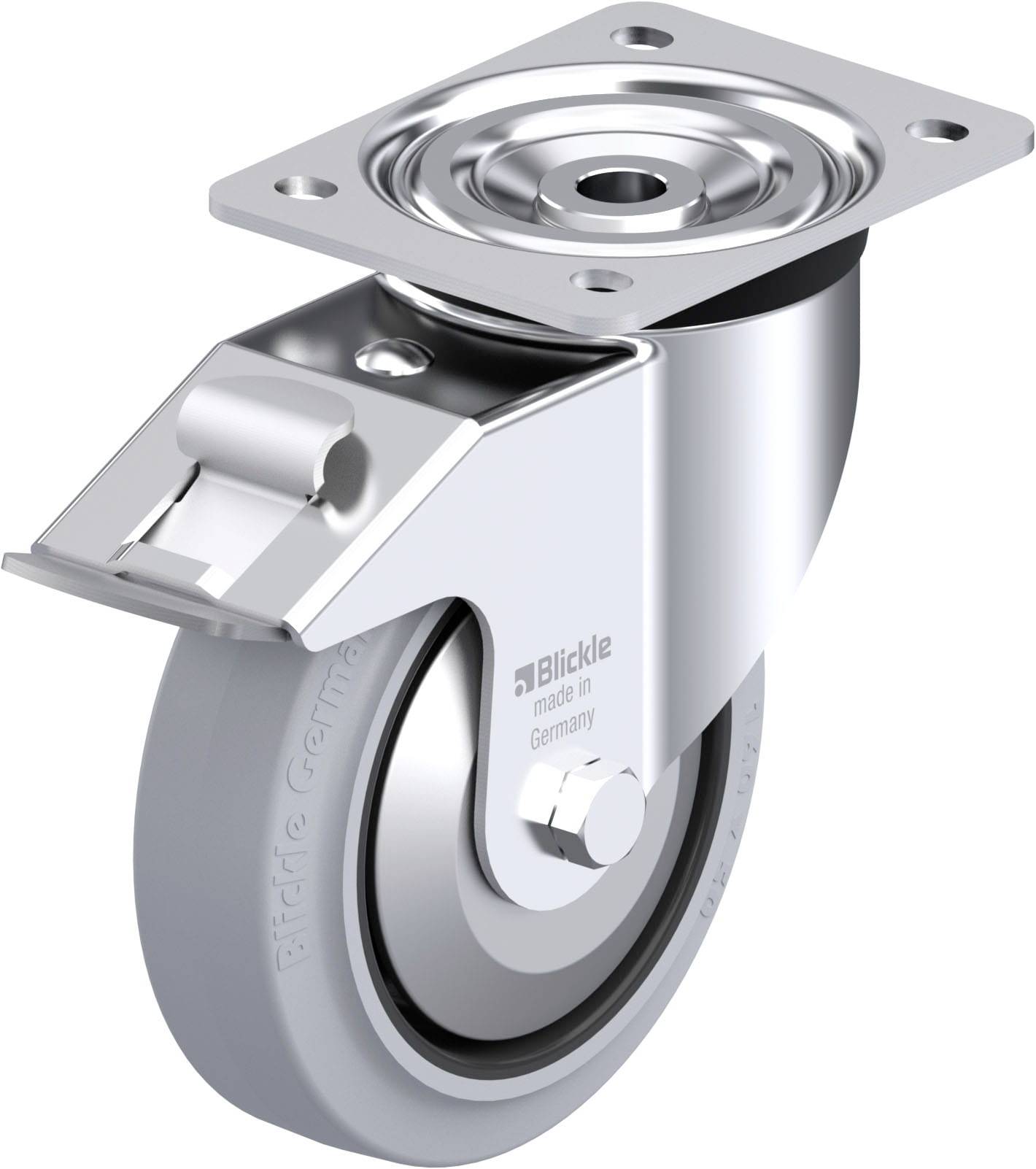 Metallisches Lenkrolle mit Halterung, seitliche Bremse. 'Blickle, Made in Germany' ist auf dem Rad eingraviert.
