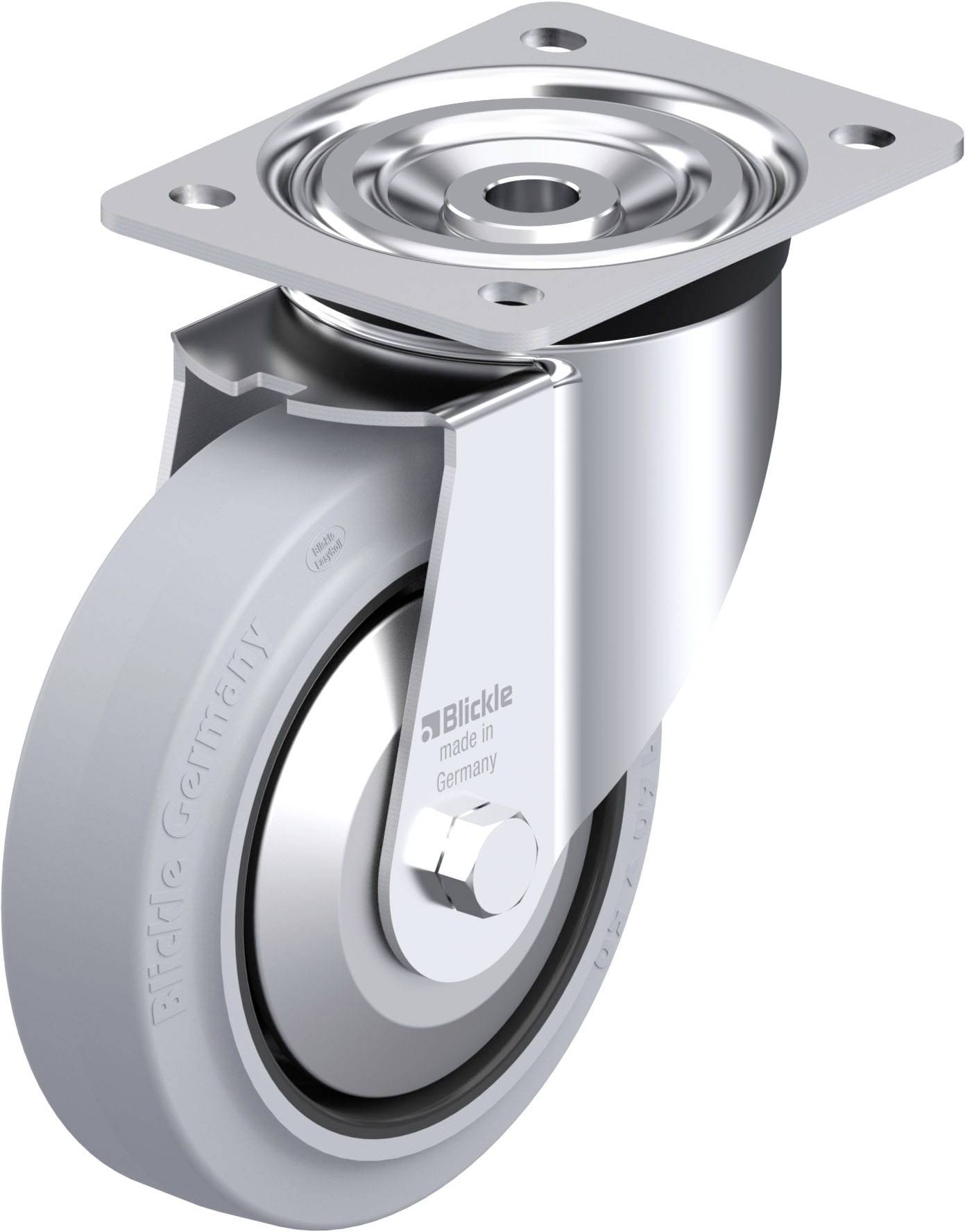 Transportrolle aus Metall mit grauem Gummirad, geeignet für den industriellen Einsatz.