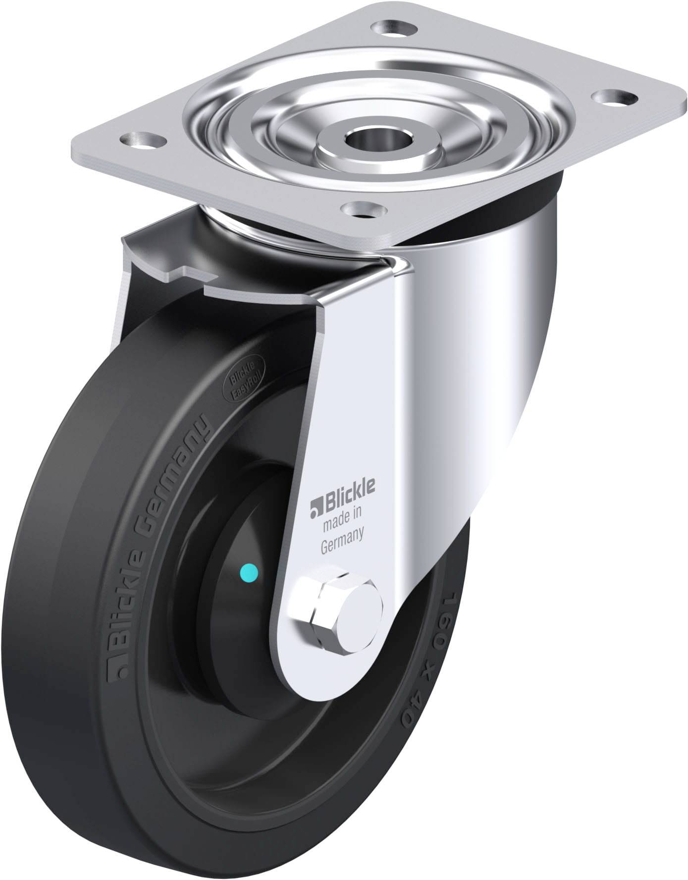 Rolle aus Metall und Kunststoff, schwenkbar, mit Befestigungsplatte. Inschrift auf Metall: 'Blickle, made in Germany'.