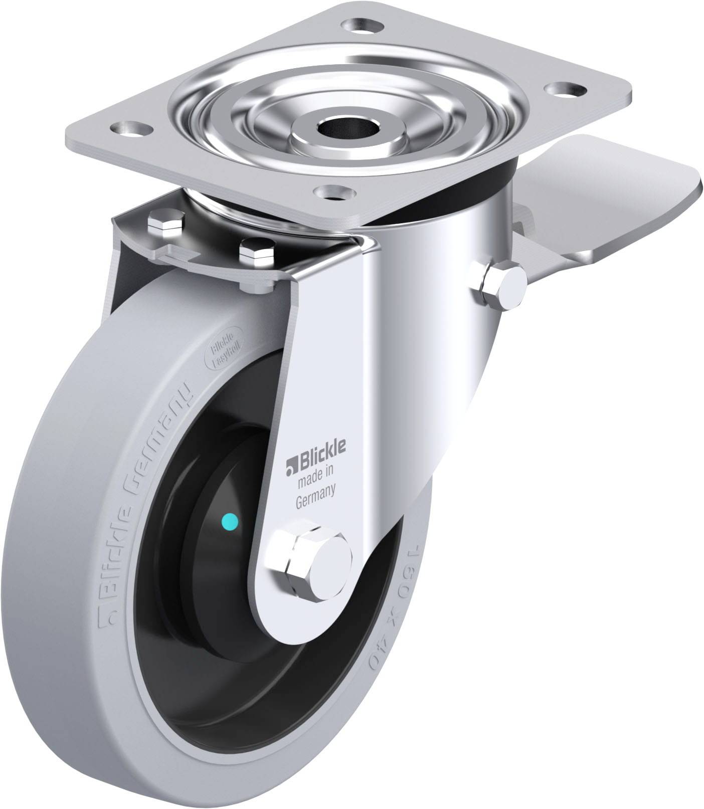 Hochbelastbares Lenkrollenrad aus Metall mit grauem Gummireifen, geeignet für Industrieanwendungen.