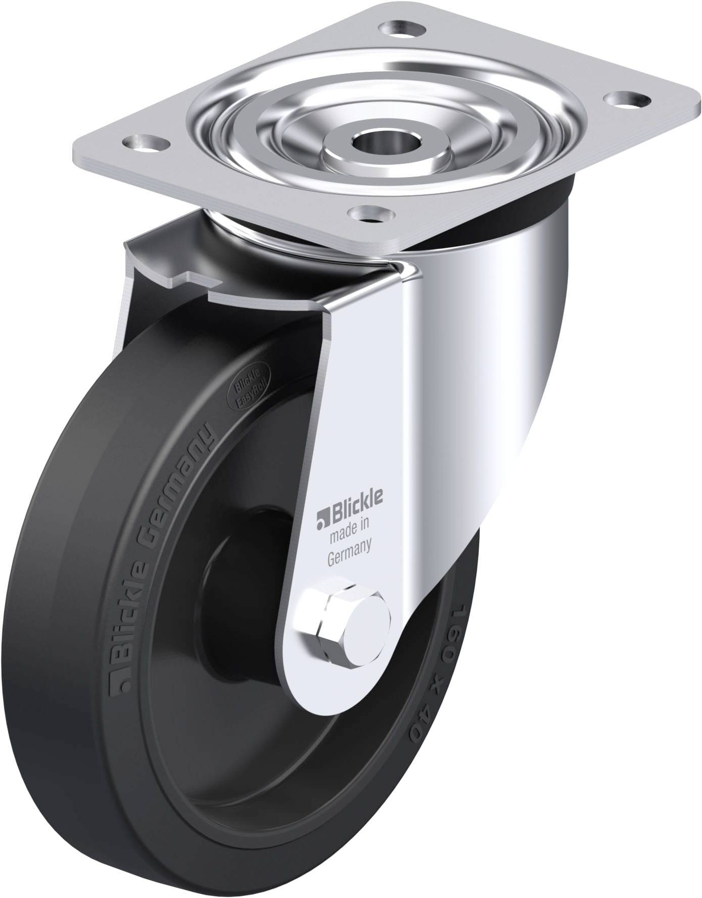 Industrie-Rollen: Schwarzes Rad aus stabilem Material mit silbernem Metallgehäuse und Montagesockel, geeignet für schwere Lasten.