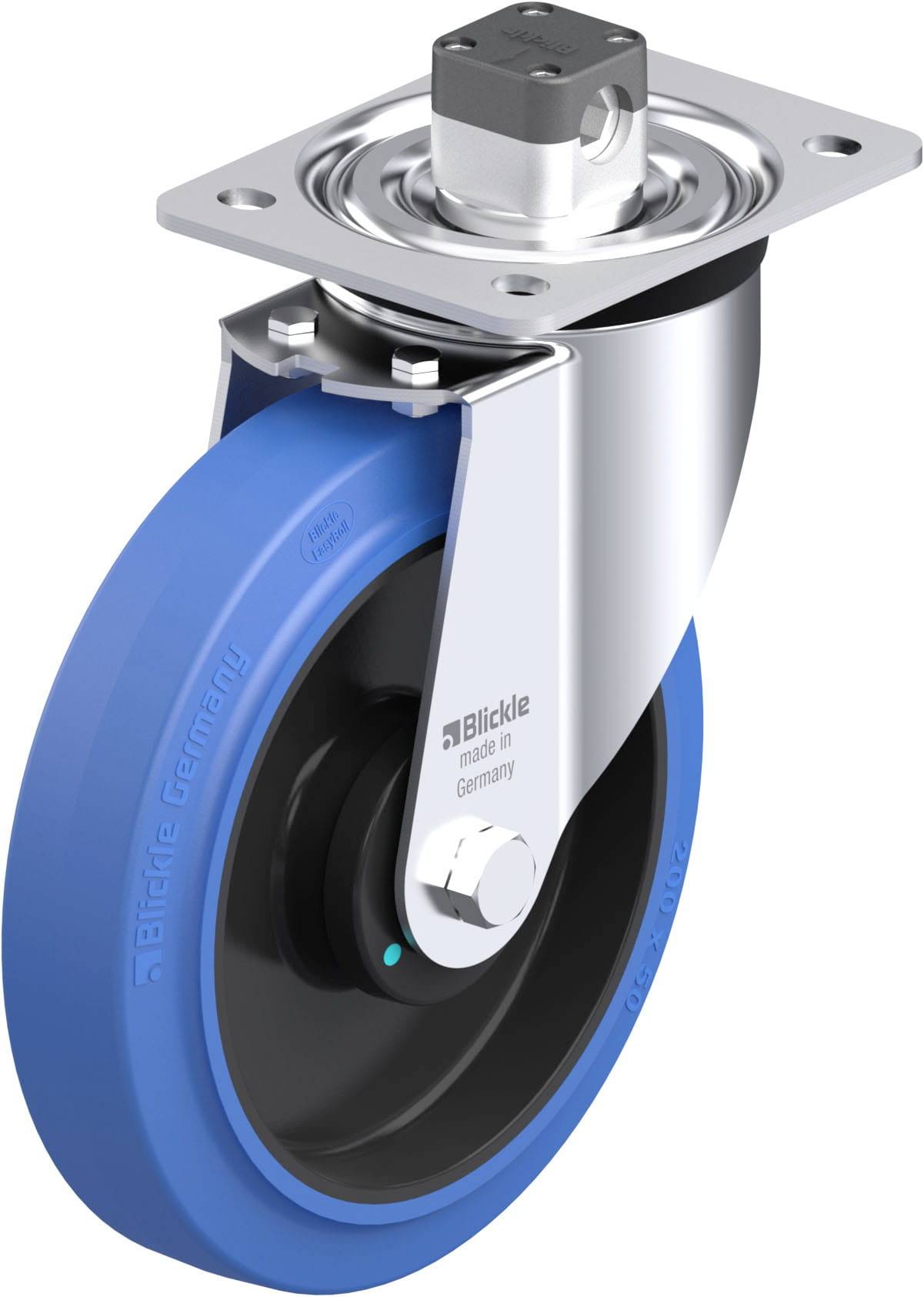 Drehbares Lenkrollenrad aus Metall und blauem Kunststoff mit Befestigungsplatte, geeignet für industrielle Anwendungen.