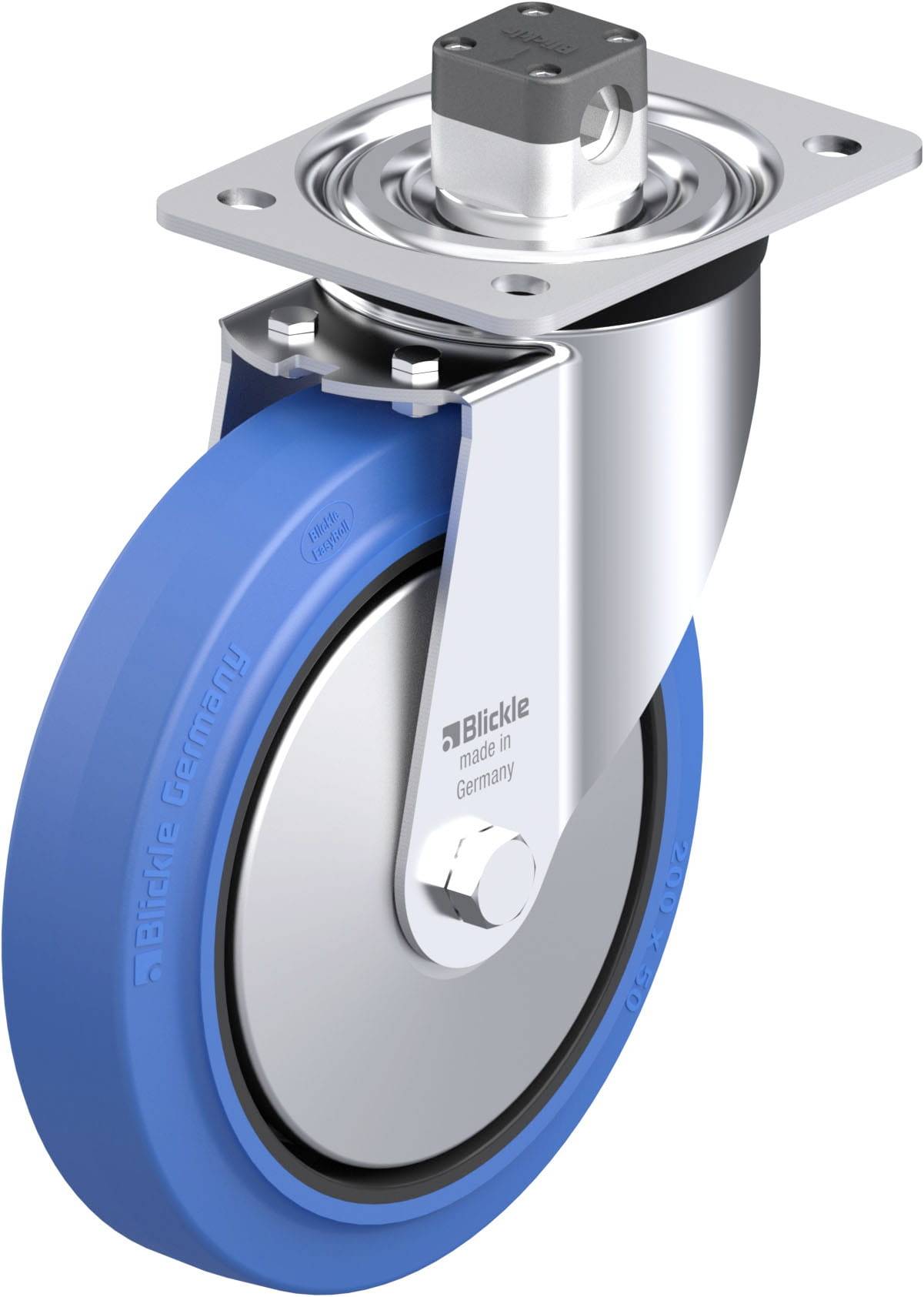 Schwenkrolle mit blauer Polyurethan-Lauffläche und Metallhalterung, geeignet für Industrieanwendungen. Hergestellt in Deutschland.