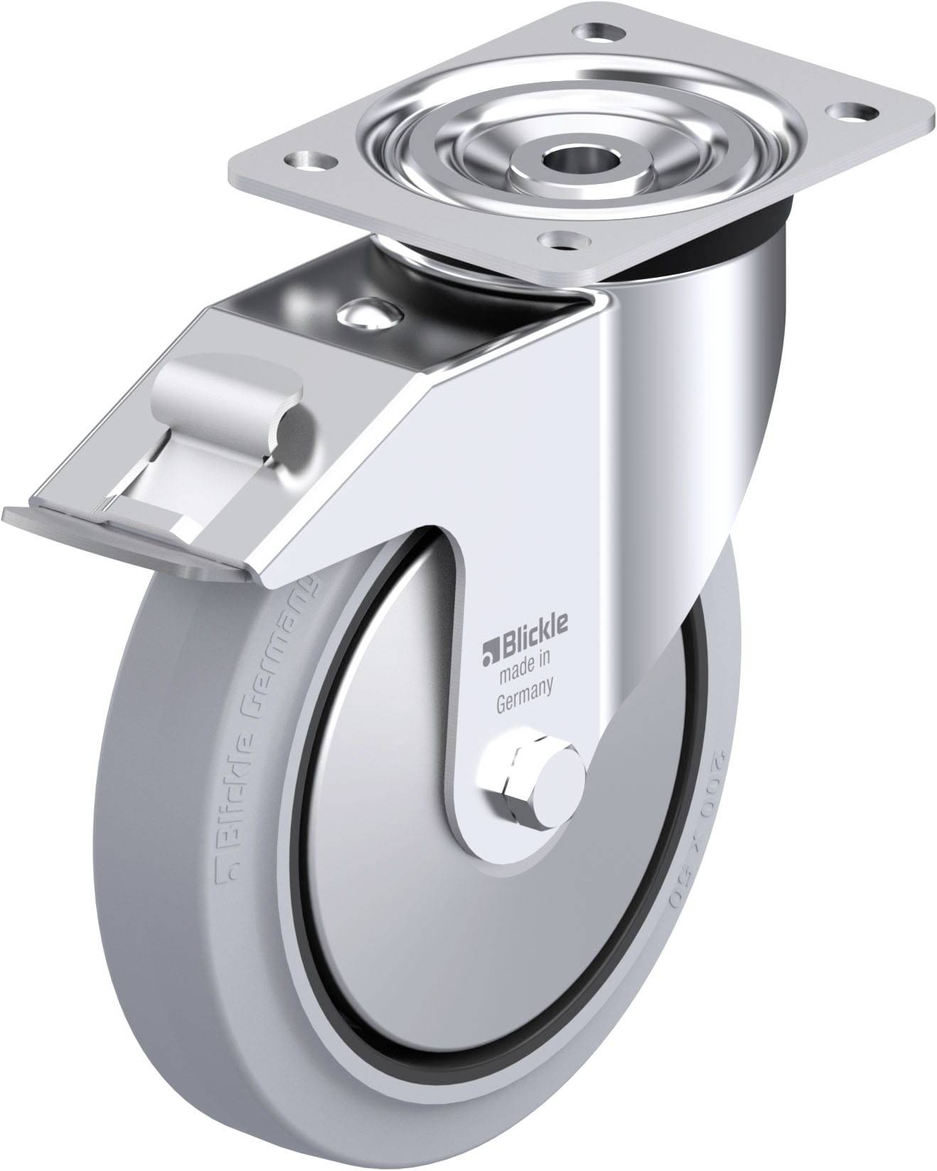 Metallisches Lenkrolle mit grauem Rad, silbernem Gehäuse und einer Montageplatte. Aufschrift 'Blickle made in Germany'.