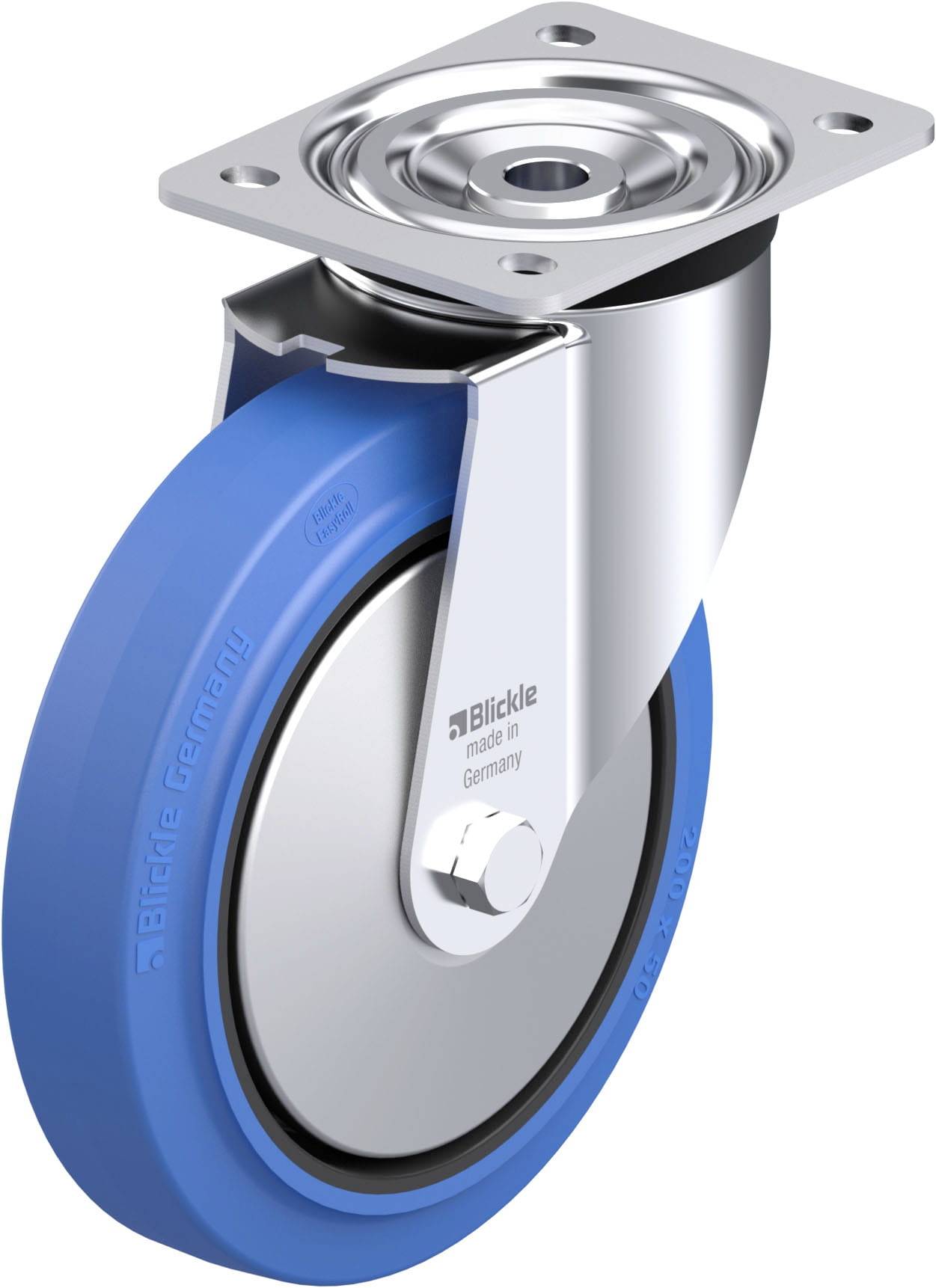 Industrie-Rolle mit blauem Gummireifen, silbernem Halter und Befestigungsplatte. Aufdruck zeigt 'Blickle made in Germany'.