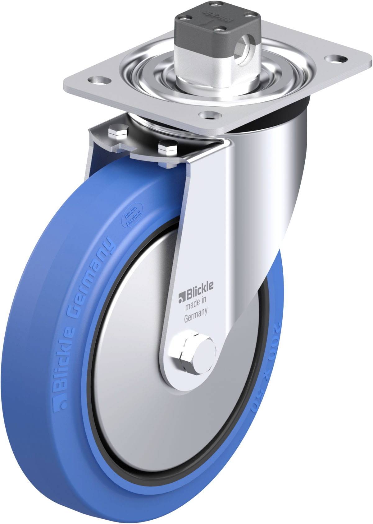 Eine blaue Industrierolle von Blickle mit Metallhalterung, geeignet für schwere Lasten.