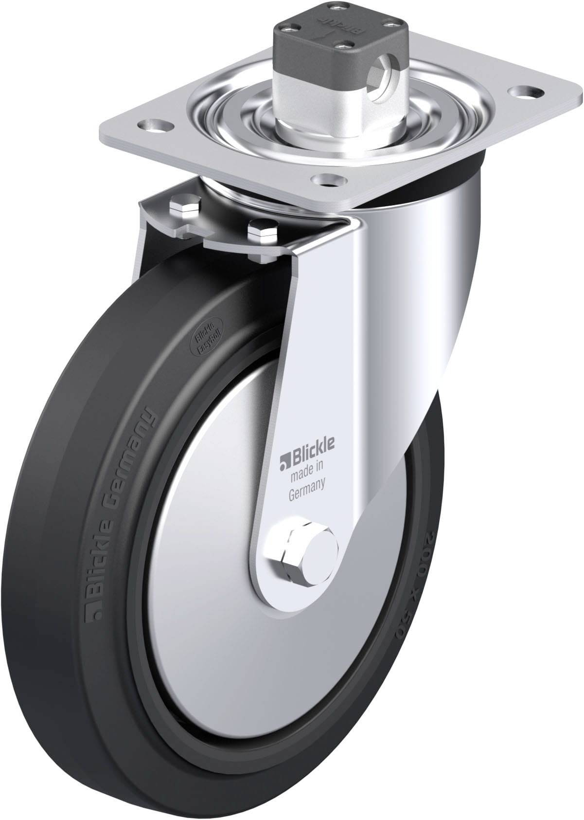 Ein silbernes und schwarzes Drehrollenrad mit einer Halterung aus Metall, beschriftet mit 'Blickle made in Germany'.