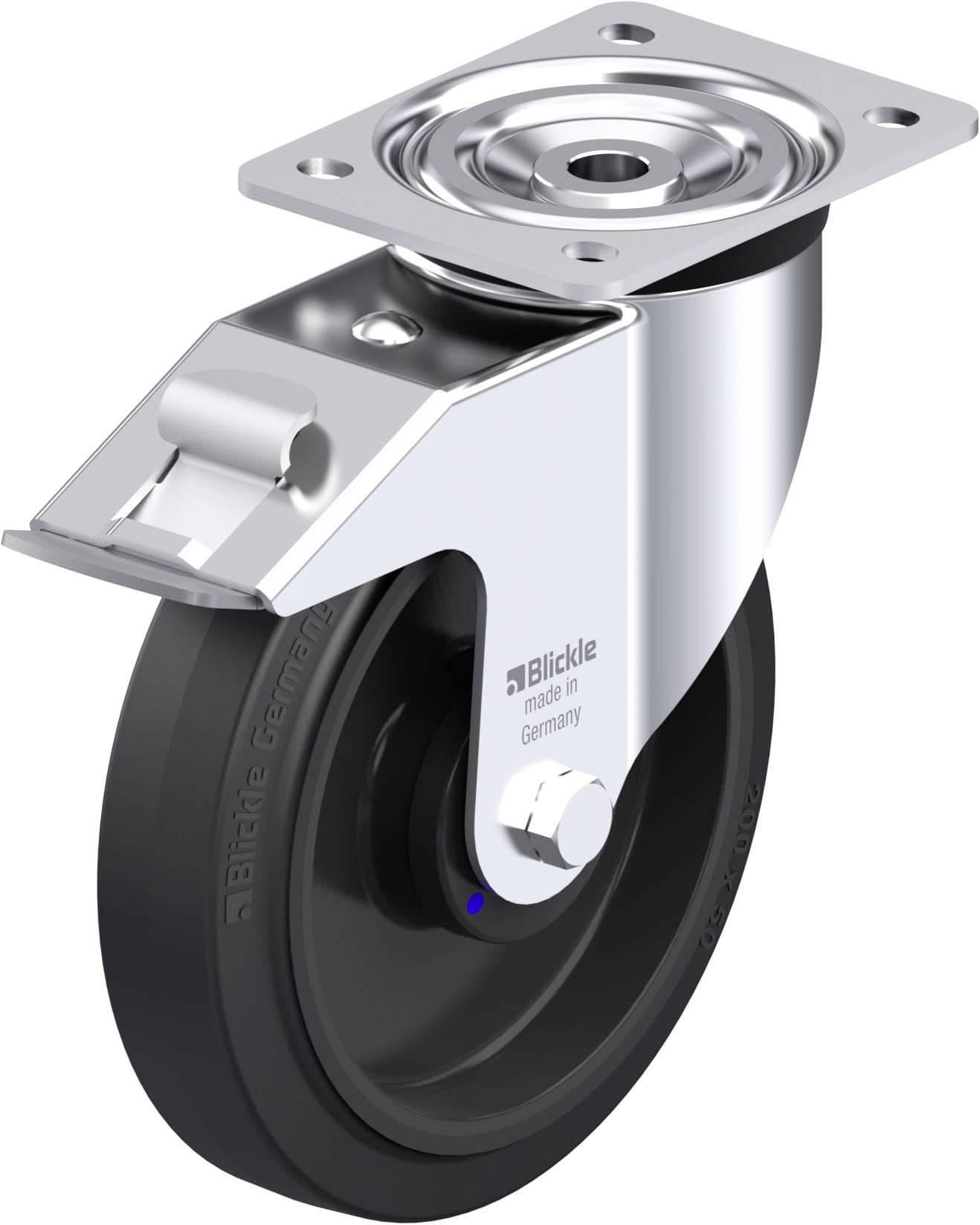 Drehräderrolle mit feststehender Montageplatte und schwarzem Rad, geeignet für schwere Lasten.