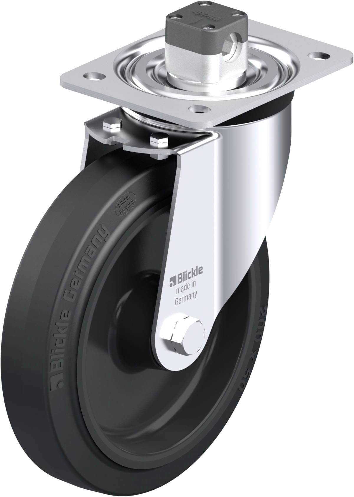 Schwenkrolle aus Metall und Gummi mit Montageplatte und Kugellager. Text 'Blickle' und 'Germany' auf dem Rad.