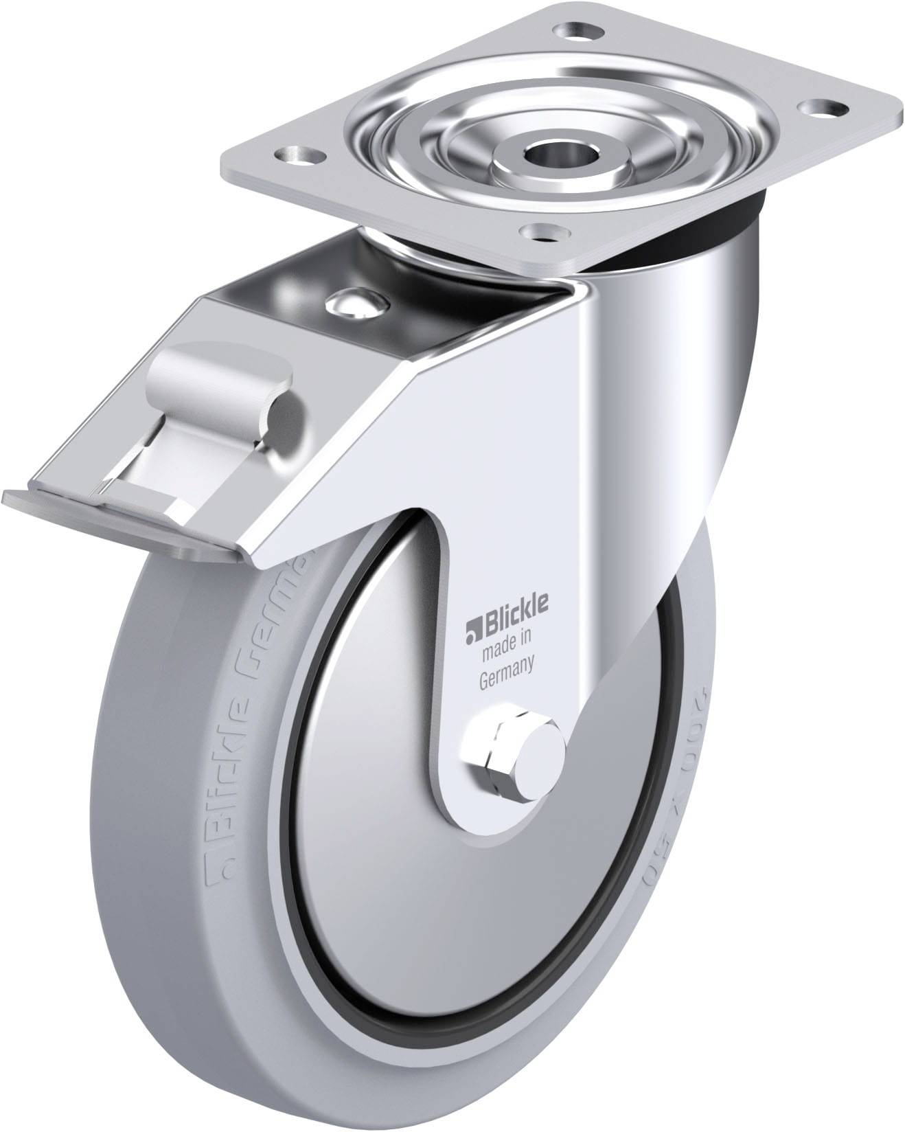 Schwenkrolle aus Metall mit grauem Rad, Befestigungsplatte oben, Aufschrift 'Blickle made in Germany'.