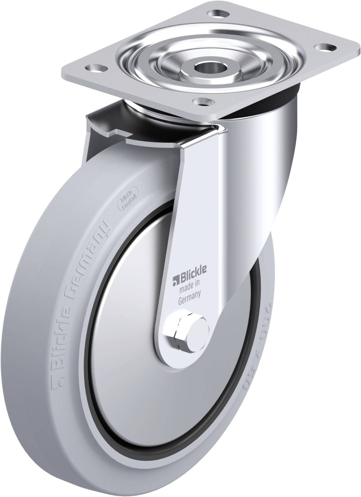Graues, drehbares Rad mit Metallgehäuse, oben eine quadratische Metallplatte zur Befestigung. Auf der Seite steht 'Made in Germany'.