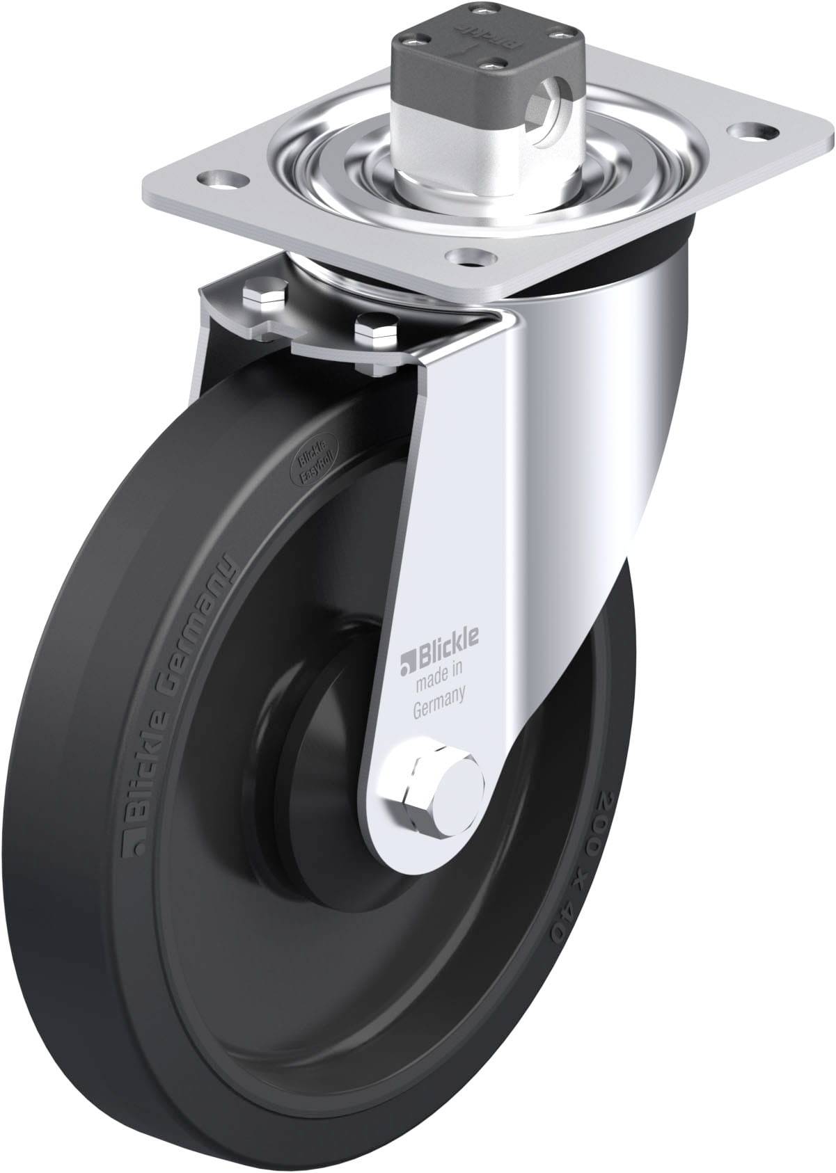 Schwenkrolle mit schwarzem Rad und Metallhalterung, enthält Beschriftung 'Blickle'.