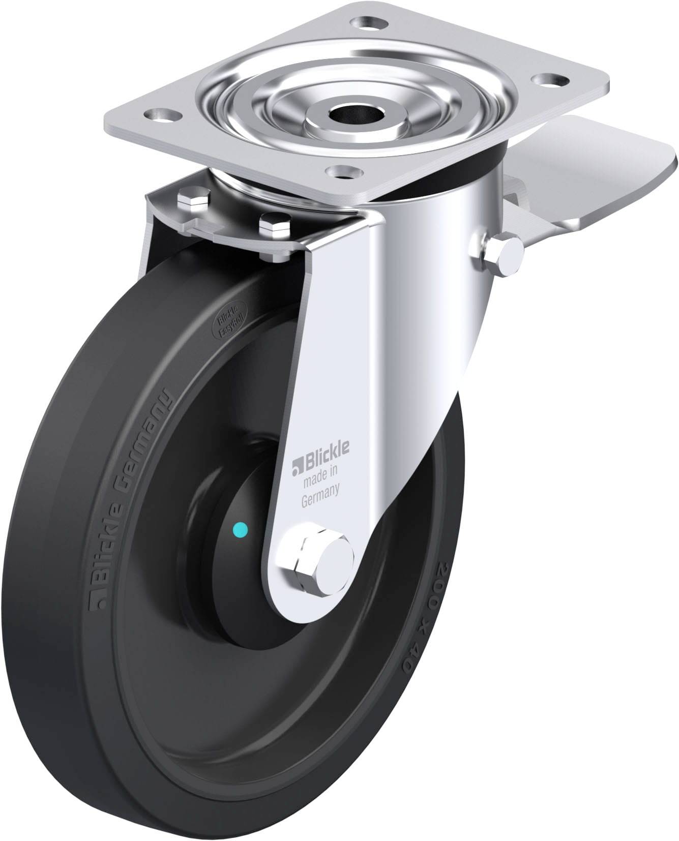 Ein silbernes Lenkrollenrad aus Metall und Kunststoff mit Bremse, geeignet für Transportgeräte und Möbel, montierbar durch vier Schrauben.
