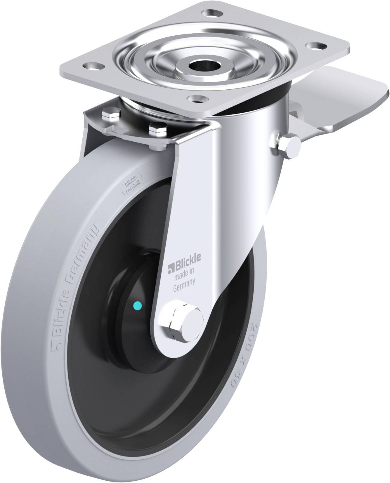 Graue Lenkrolle mit Metallgehäuse und Bremse, geeignet für schwere Lasten.