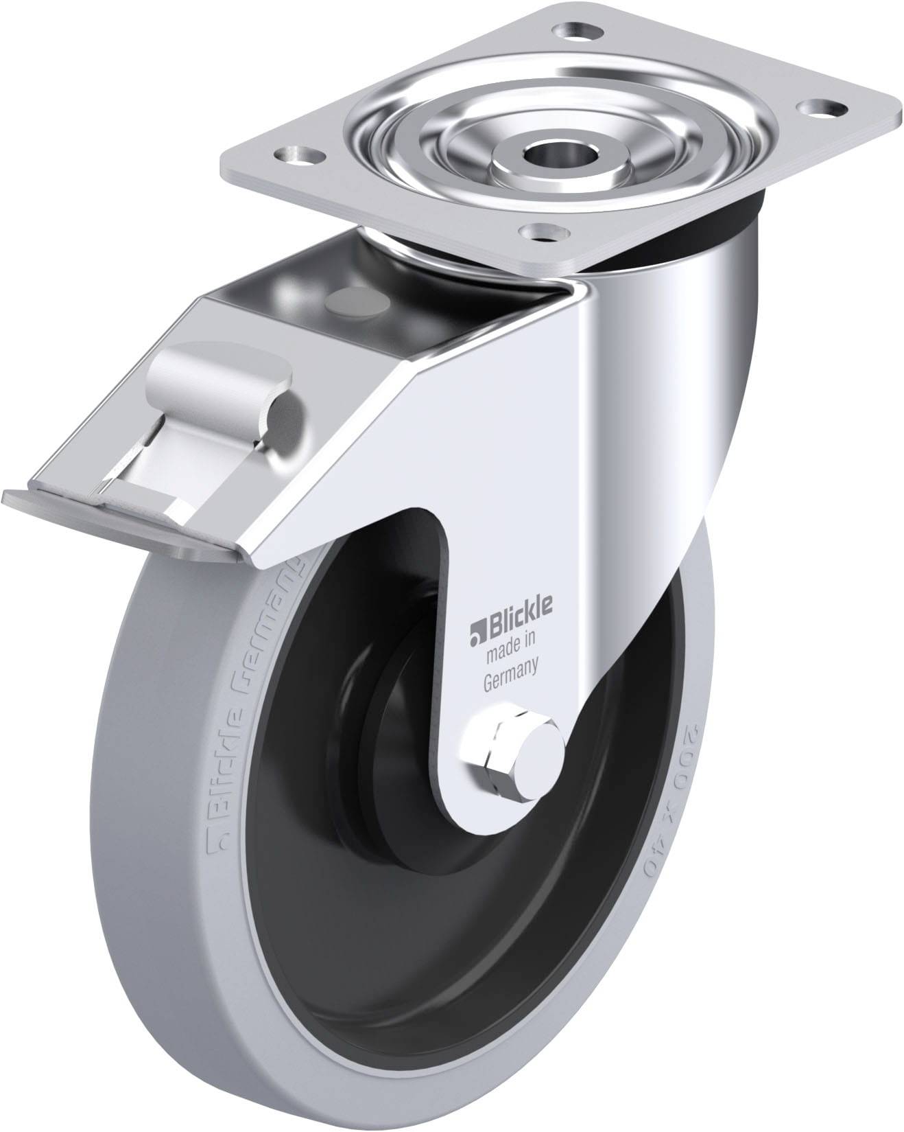 Schwenkrolle aus Metall mit grauem Rad. Platte zur einfachen Befestigung oben. Geeignet für industrielle Anwendungen.