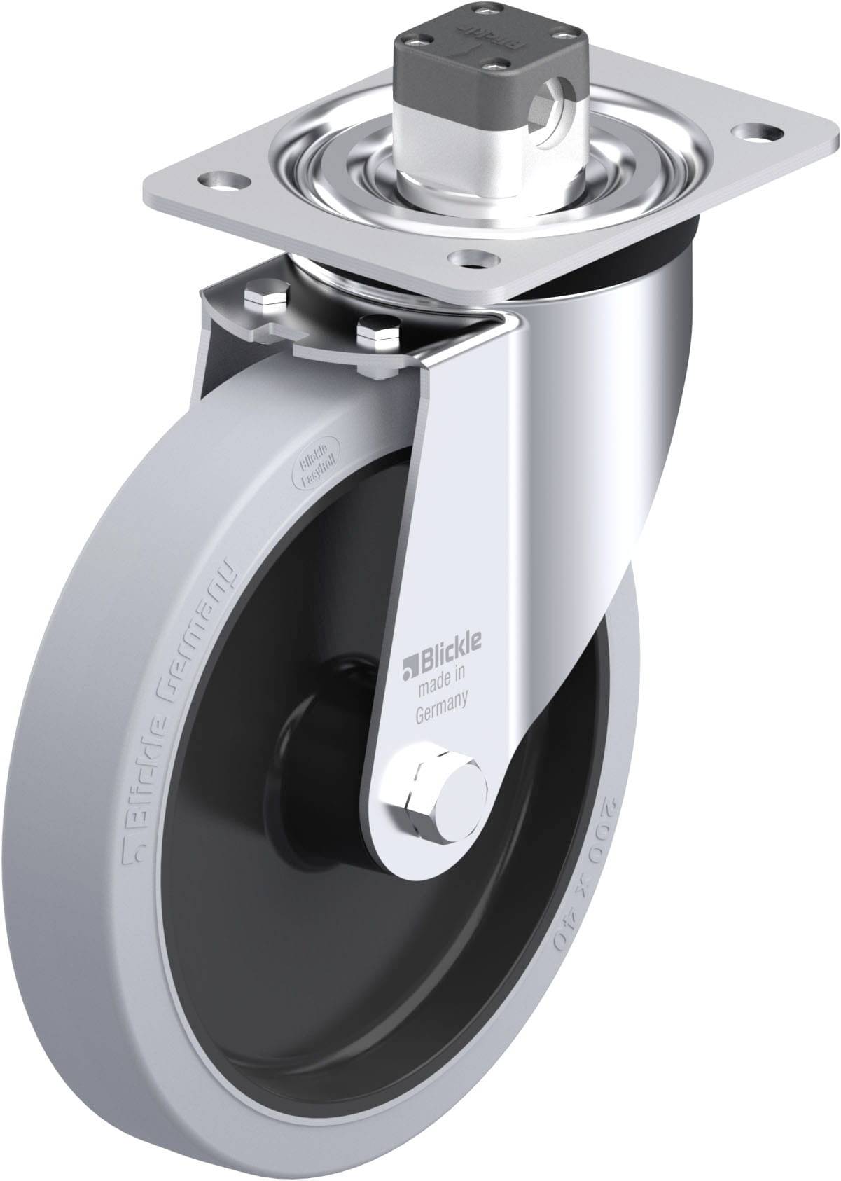 Schwenkrolle mit grauem Rad und silberner Halterung, geeignet für schwere Lasten. Aufschrift 'Blickle'.