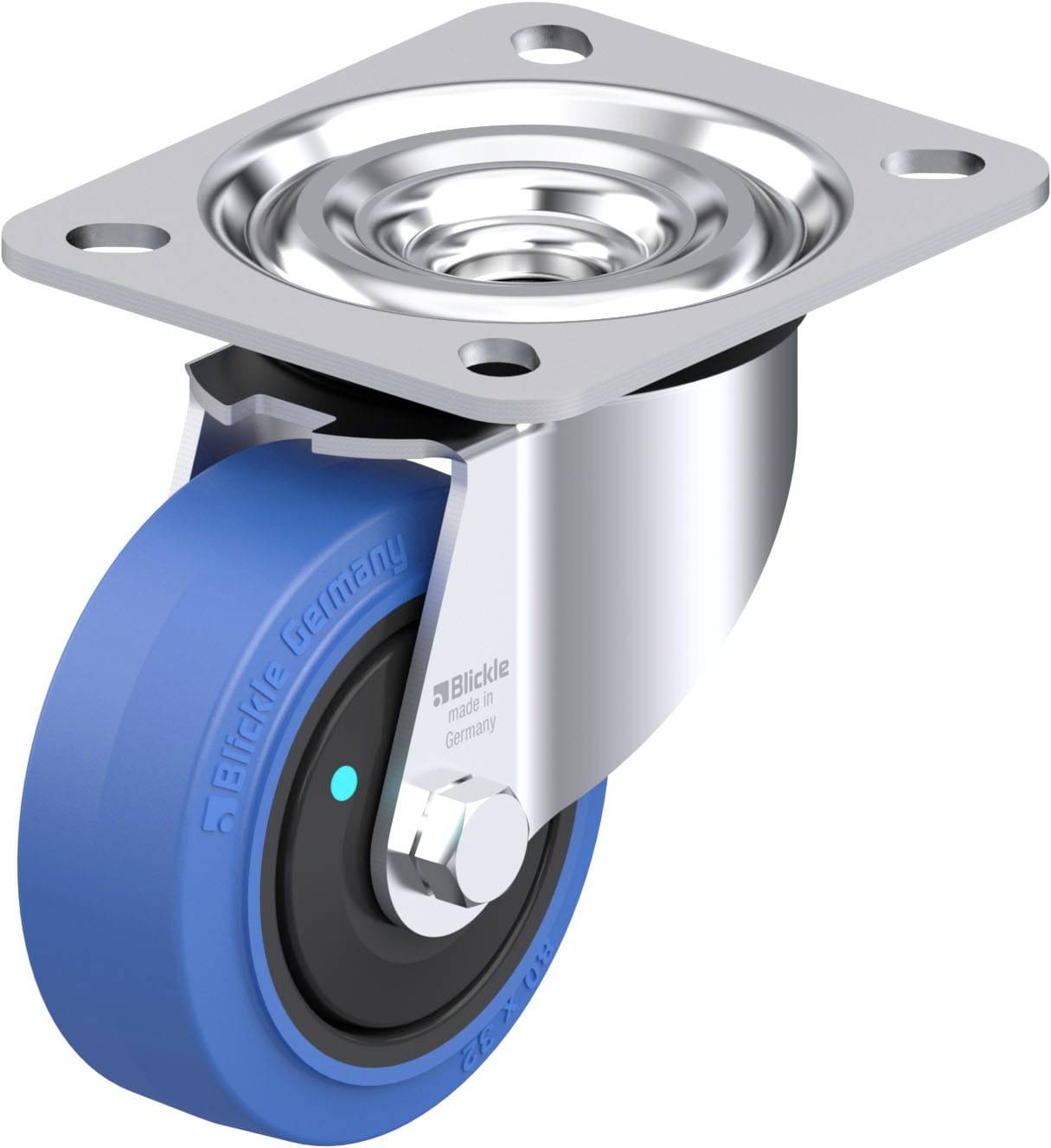 Metallrolle mit blauer Kunststoffummantelung und Befestigungsplatte aus Metall, für den Einsatz in Möbeln oder Industrieanlagen.