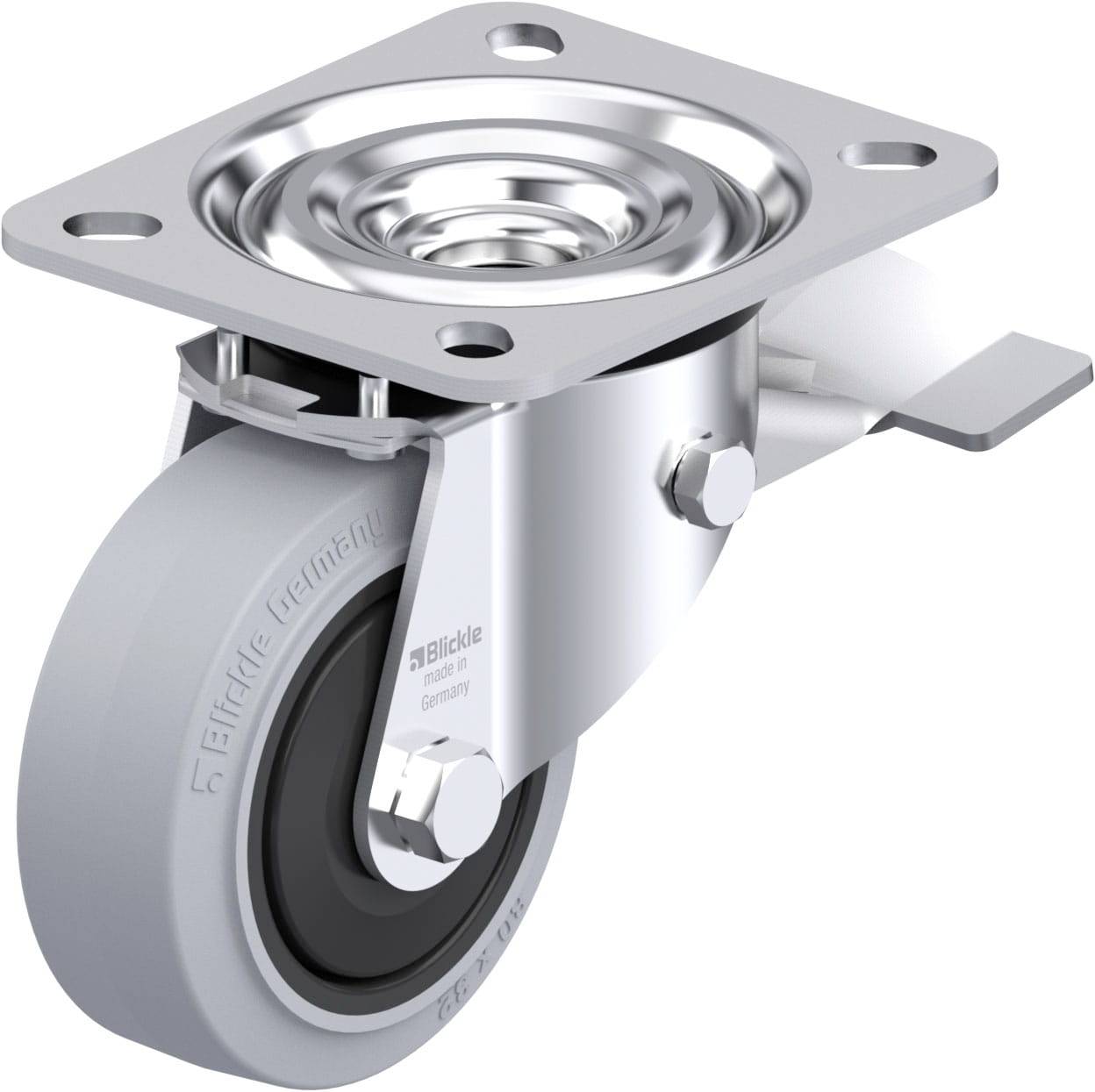 Schwenkrolle mit grauem Gummireifen, Metallplatte und Bremse. Geeignet für Möbel oder Transportgeräte, bietet Beweglichkeit und Stabilität.