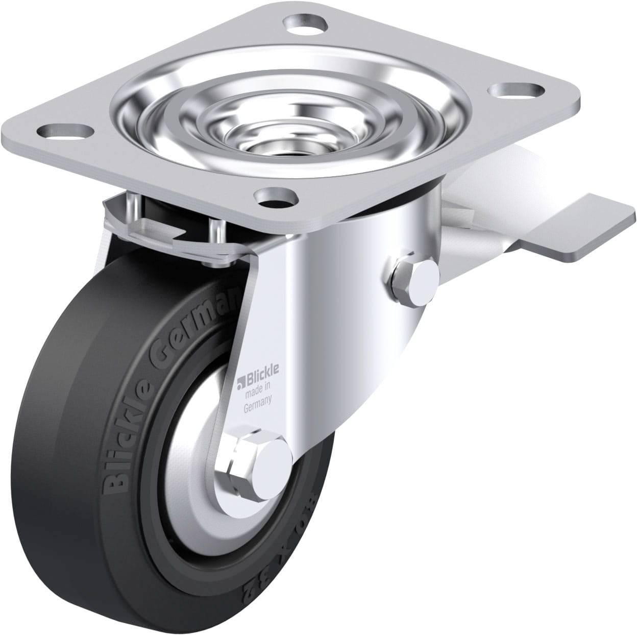 Schwenkrolle mit schwarzem Rad, silberner Halterung und rechteckiger Befestigungsplatte. Geeignet für Möbel oder Transportwagen.