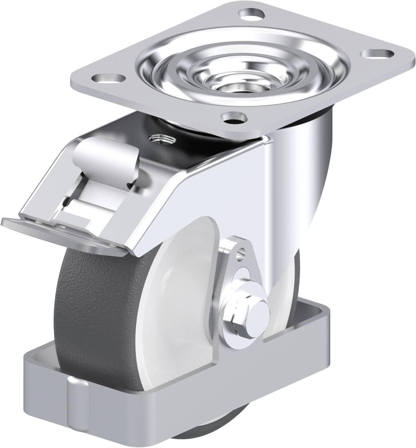 Metallrolle mit Halterung, geeignet für Möbel oder Geräte, zeigt belastbare, rotierende Vorrichtung zum einfachen Bewegen auf glatten Oberflächen.