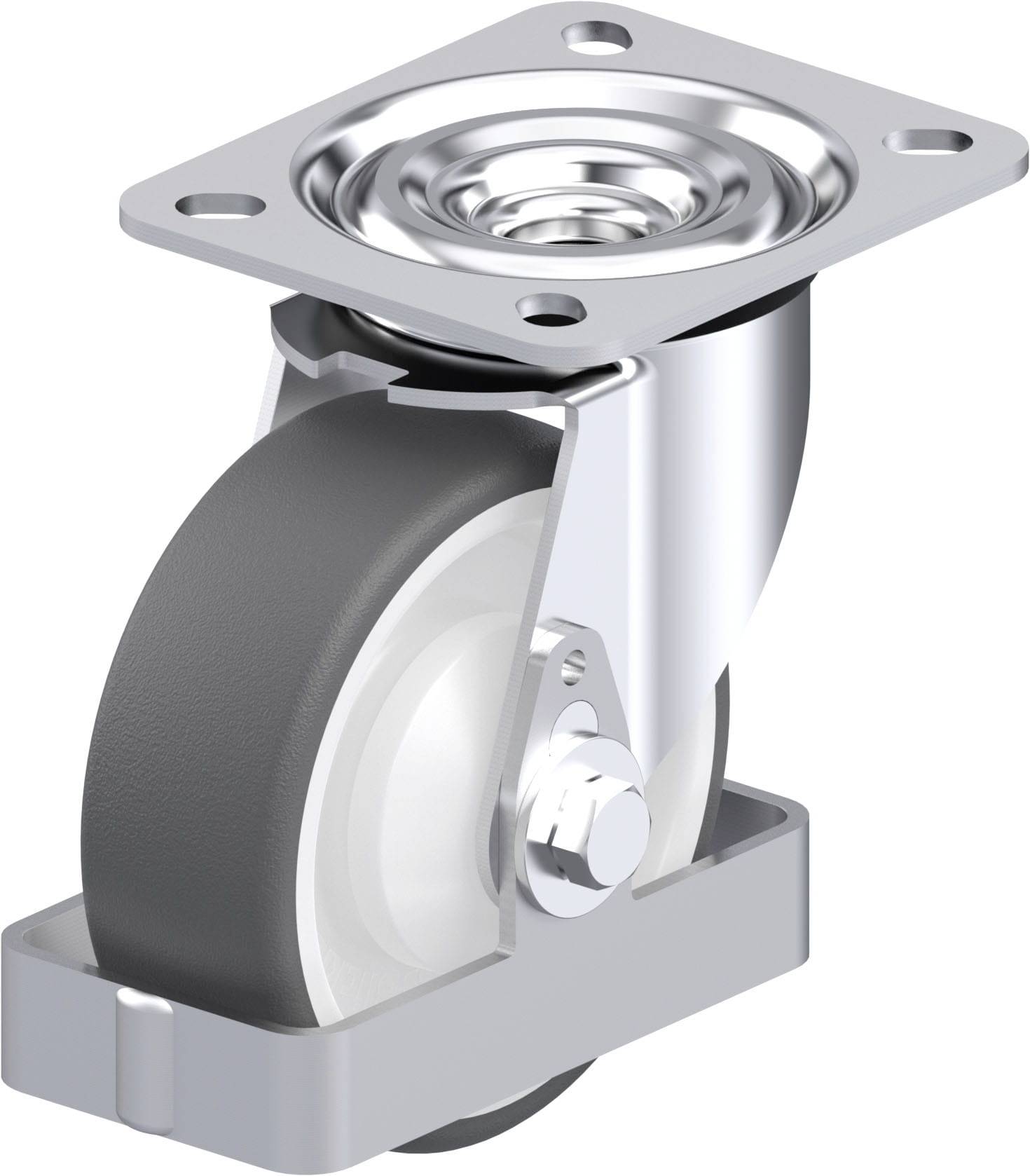 Schwenkrolle aus Metall mit grauem Rad und silbernem Gehäuse, geeignet für Möbel oder industrielle Anwendungen.