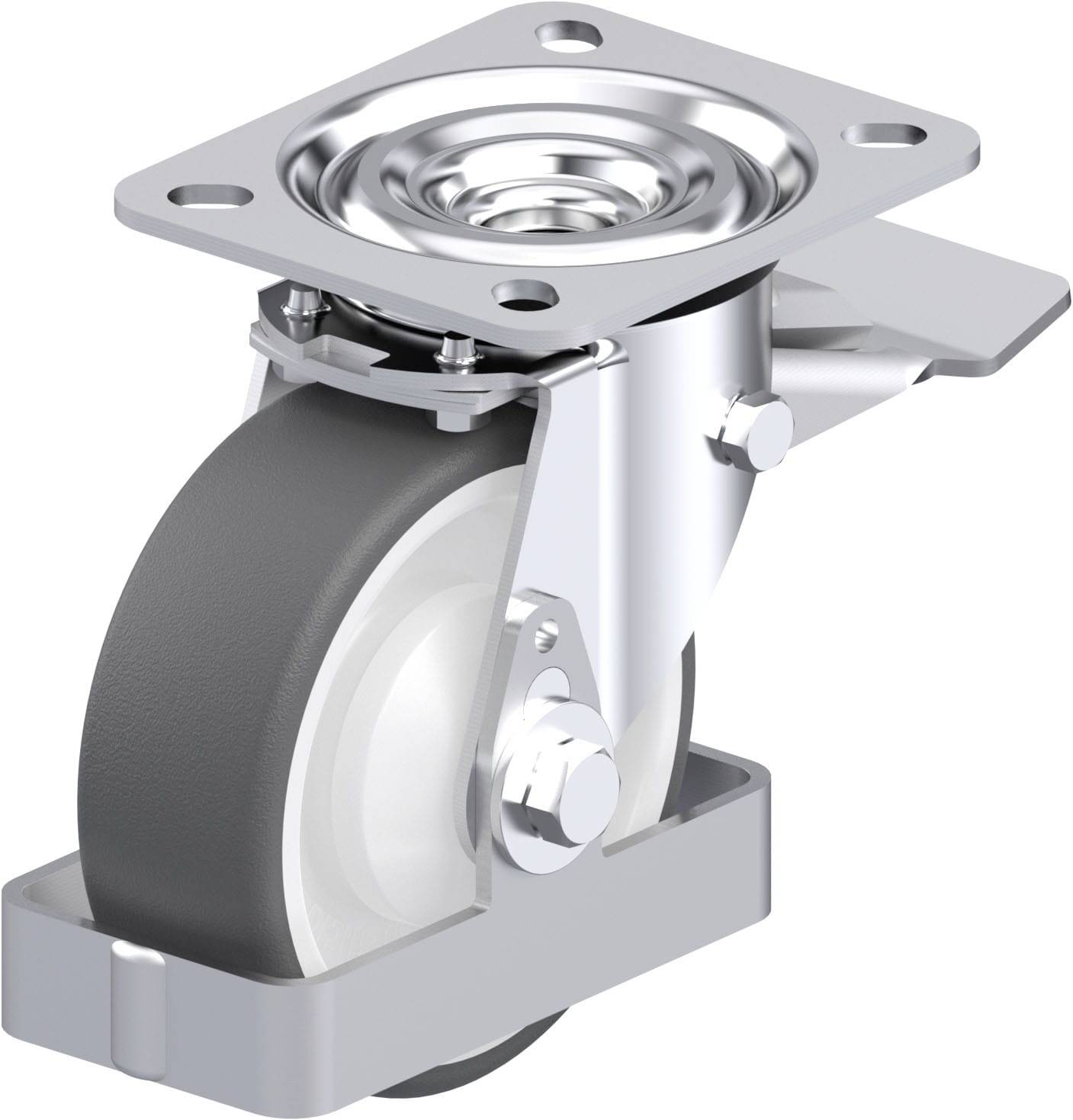 Schwenkbares Laufrollen-Modul aus Metall mit grauem Rad, montiert auf einer quadratischen Metallplatte für Möbel oder Geräte.